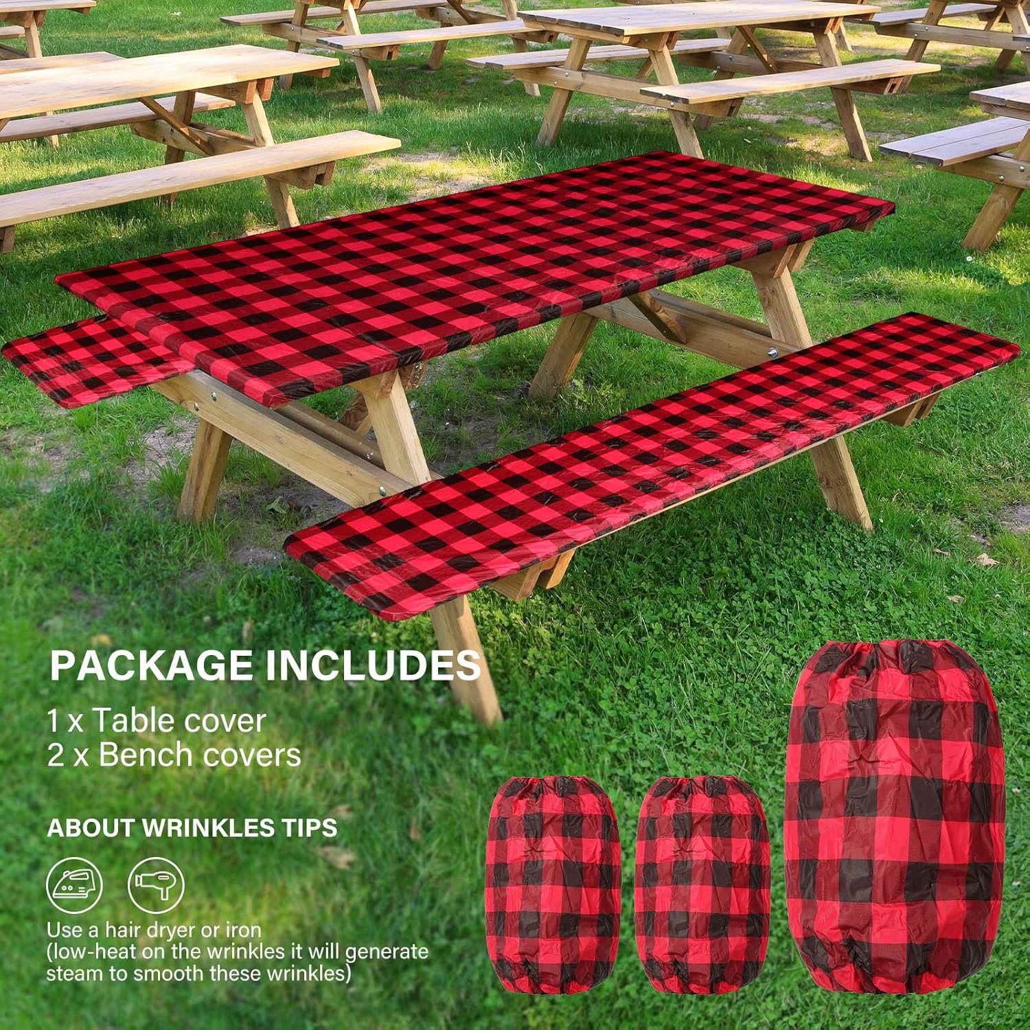 BBTO Vinyl Picnic Table Cover with Bench Covers 72 x 30 Inch Waterproof Outdoor Elastic Tablecloth for 6 ft Rectangle Tables Flannel Backed Washable Buffalo Plaid Tablecloth for Valentine's Day - Image 6