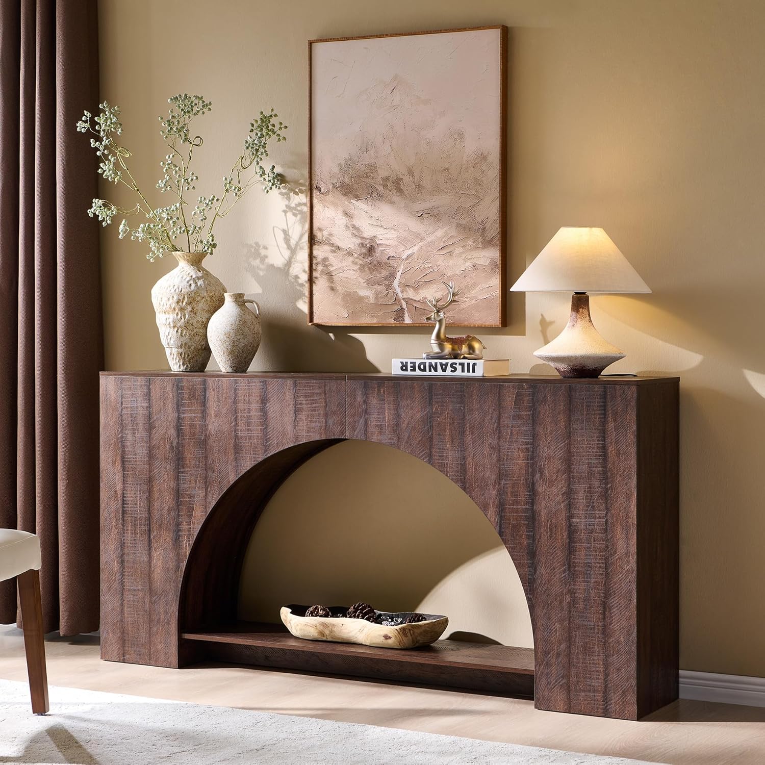 IFGET 63" Arched Console Table, 2-Tier Modern Entryway Table with Arched Base, Narrow Long Wood Sofa Table Behind Couch Table for Living Room, Hallway, Foyer, Natural