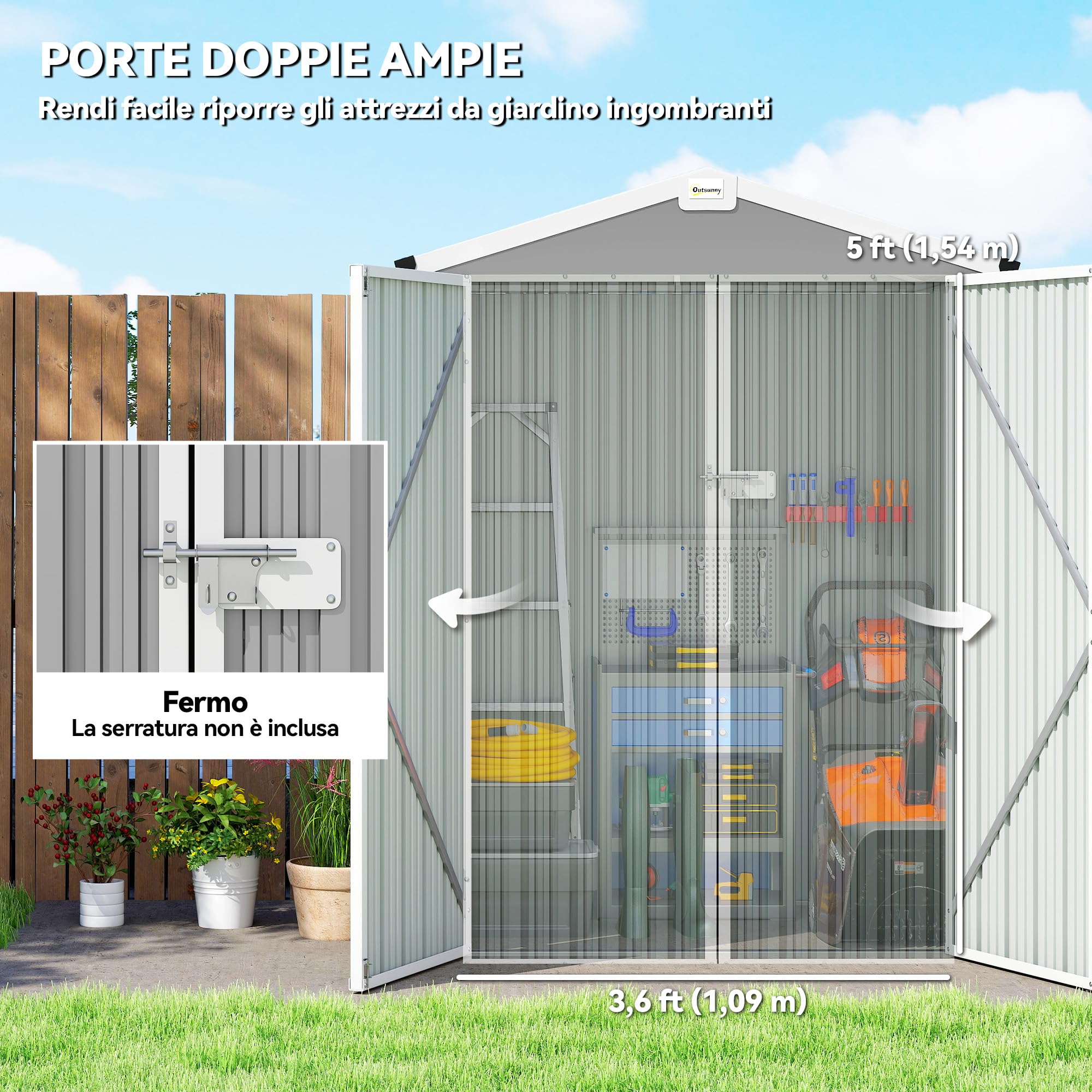 Outsunny Casetta da Giardino 1.1m² Acciaio Zincato Doppie Porte Larghe Bloccabili Tetto Inclinato 133x87x178 cm Grigio Argento