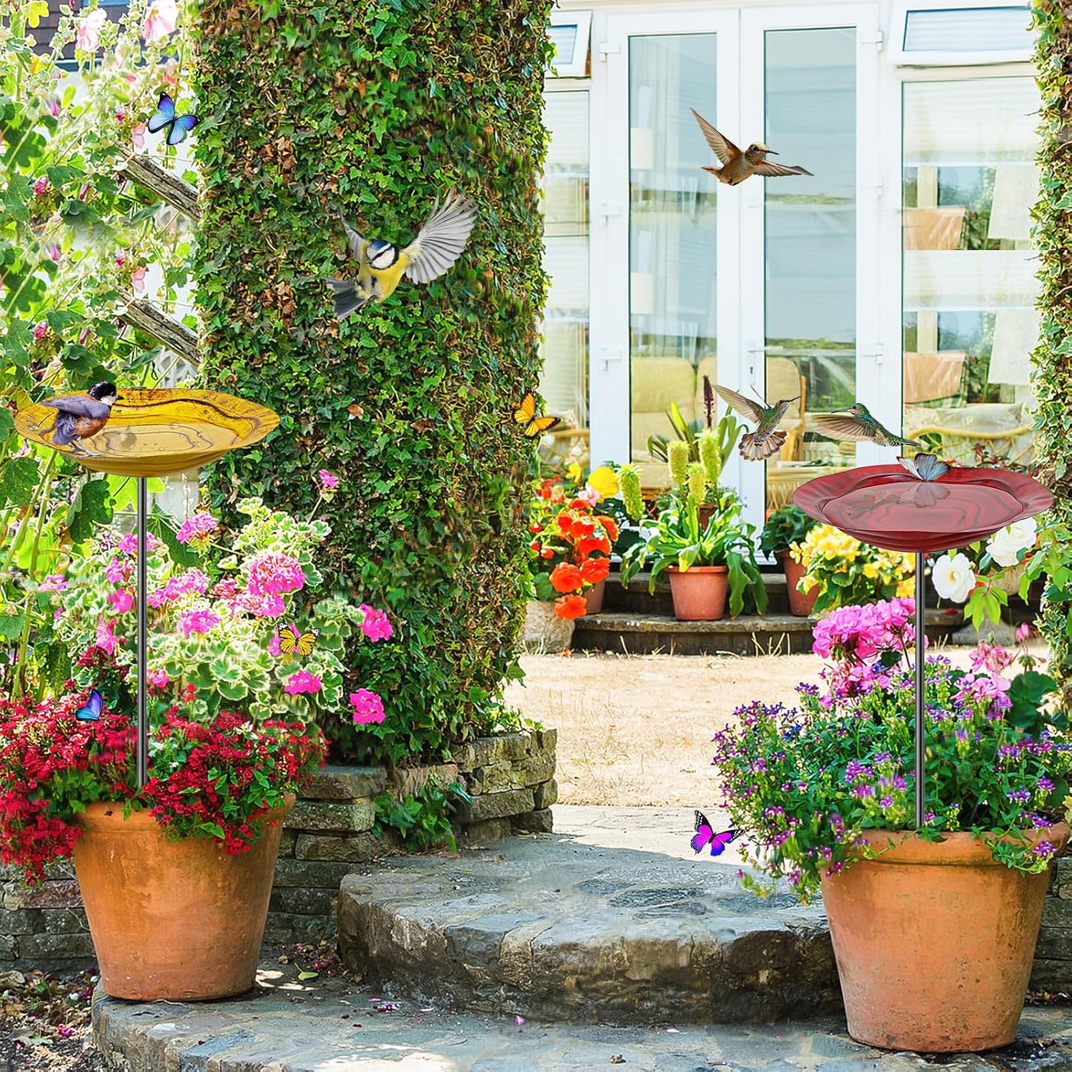 2Pcs Metal Bird Baths for Outside, Hummingbird Small Birdbath Bowl for Outdoors with Metal Stake, Bird Feeder for Garden Yard Lawn Decor (2P-Red&Yellow)