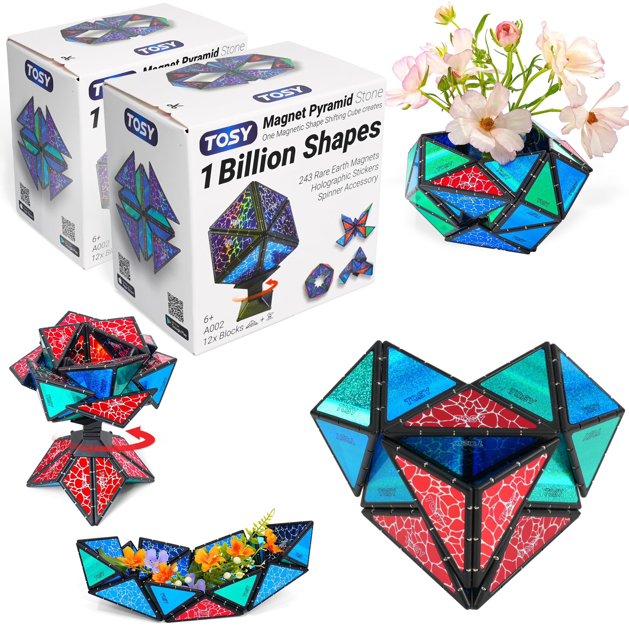 TOSY Magnet Pyramid Stone - 1 Cube Transforms into 1 Billion Shapes (Bunny, Egg Basket, Flowers, Heart), Easter Valentine Gift, 12 pcs, 243 Magnets, Holographic Design, Puzzle/STEM Toy, 2-Pack Stone (Set of 2)