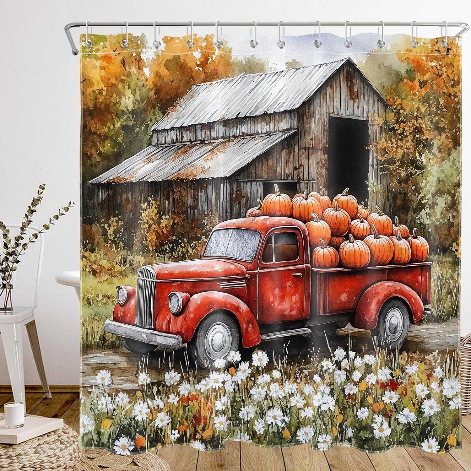 Fall Retro Truck Shower Curtain with Hooks, Autumn Orange Pumpkin and Maple Leaf Forest Barn Shower Curtain Set Farmhouse Thanksgiving Bathroom Decor Polyester Fabric Curtains, 72W x 78L inches