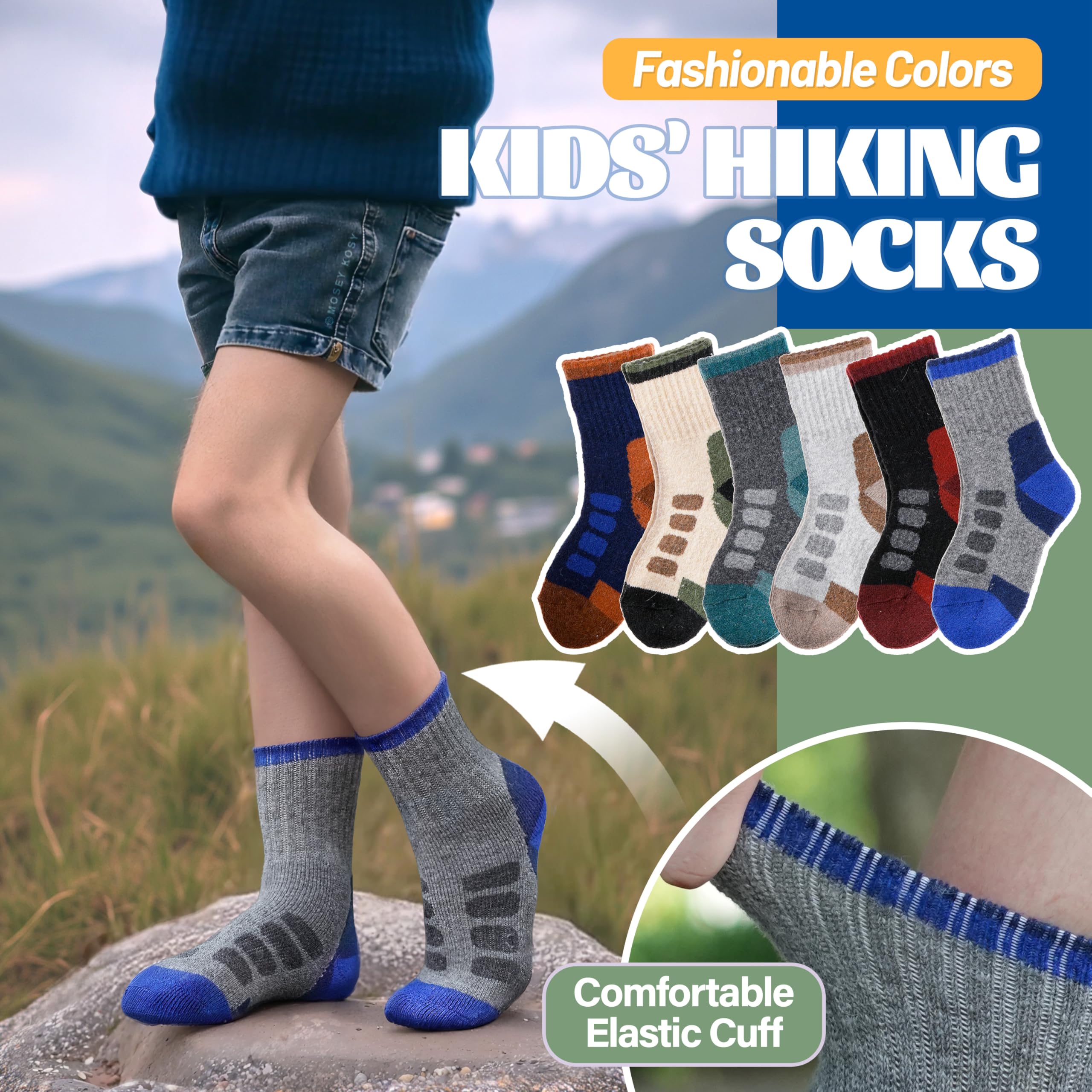 MOSEY KOSY 6 Paires Chaussettes Enfant Laine Mérino pour Marche Garçons Filles Tout-Petits Hiver Thermiques Épaisses Chaudes Rembourrées Chaussettes Crew pour Randonnée