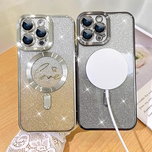 Vista 53 de Fiyart - Funda transparente magnética con purpurina para iPhone 12 para mujeres, con grabado "Love" metálico, protección para cámara y antigolpes