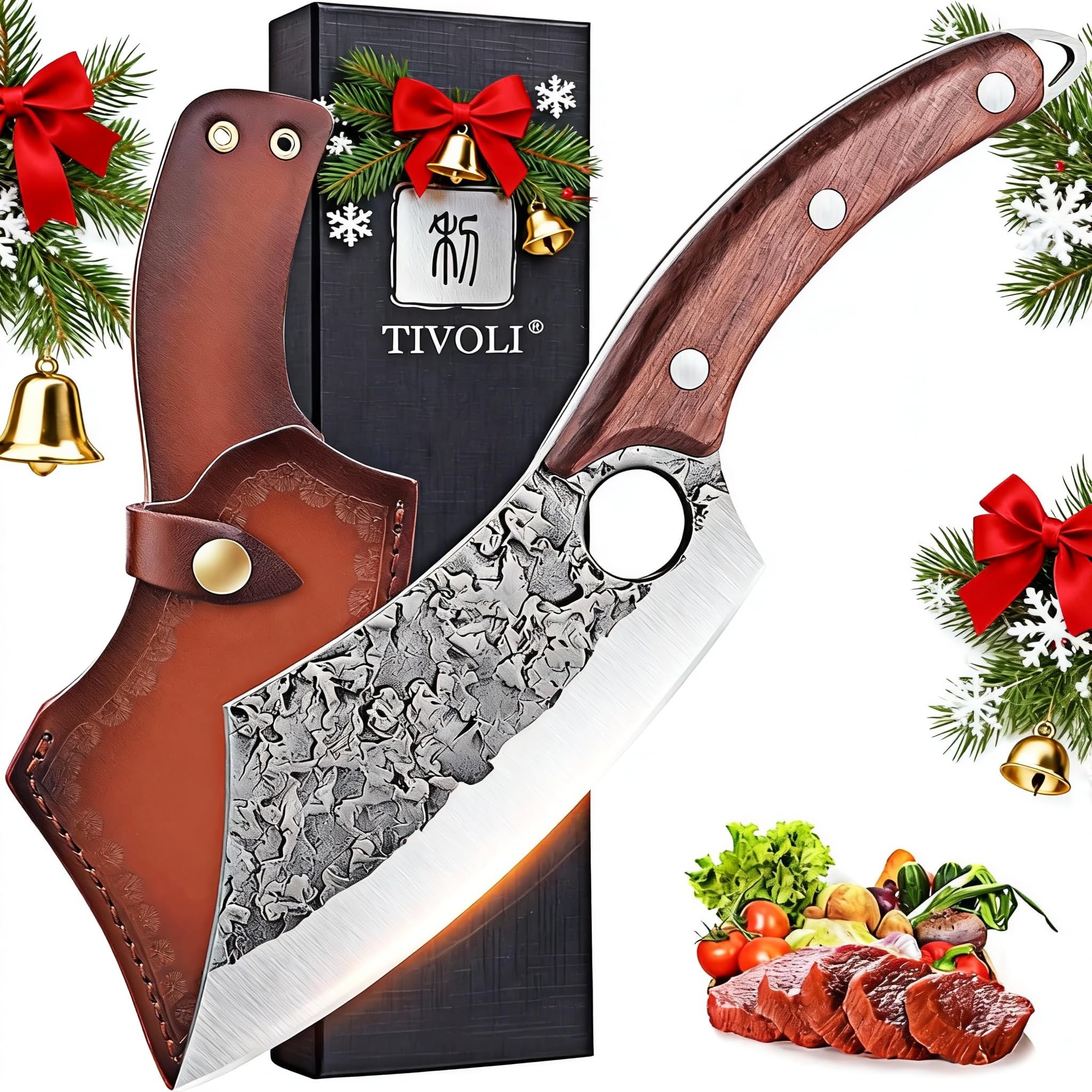 TIVOLI Meat Cleaver Knife, Hand Forged Full Tang Butcher knife for Meat Cutting, High Carbon Steel Viking Knife with Sheath for Kitchen Outdoor Camping BBQ Father's Day Christmas Gift Men Women