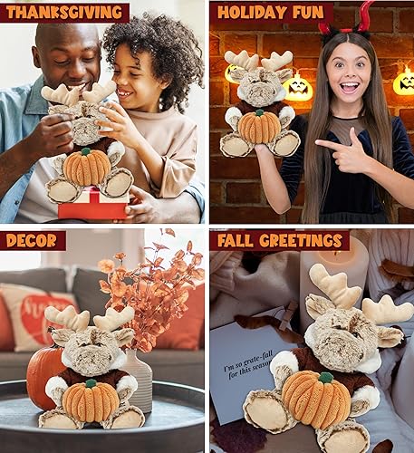 Miniatura 4 de DolliBu Alce sentado con suéter de peluche con decoración de calabaza y personalización del nombre, animal de peluche de calabaza para otoño,