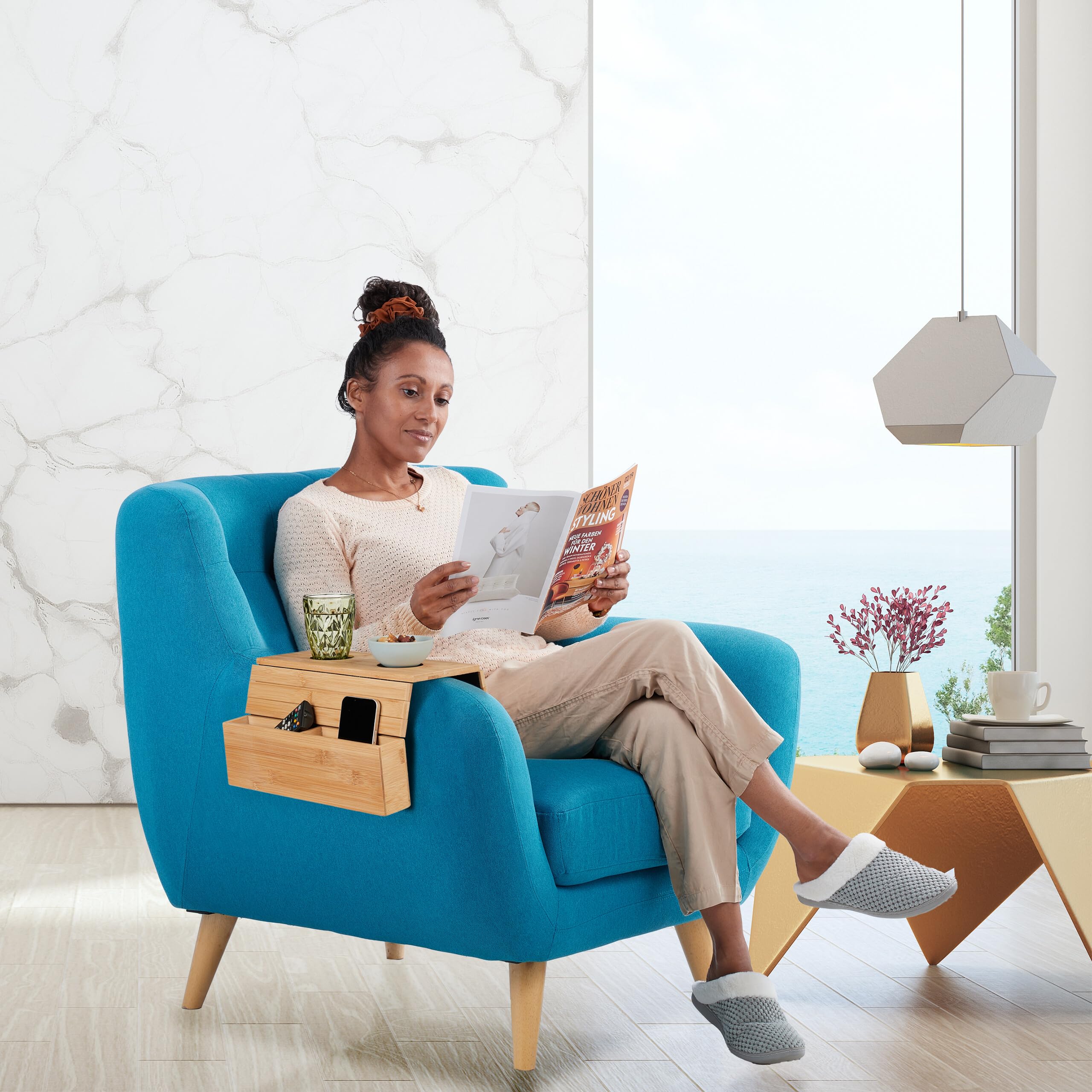 Tavolino Da Divano Pratico Vassoio Per Bracciolo Divano In Legno  Pieghevole Con Portabicchieri E Vani, Nero Braccioli Divano