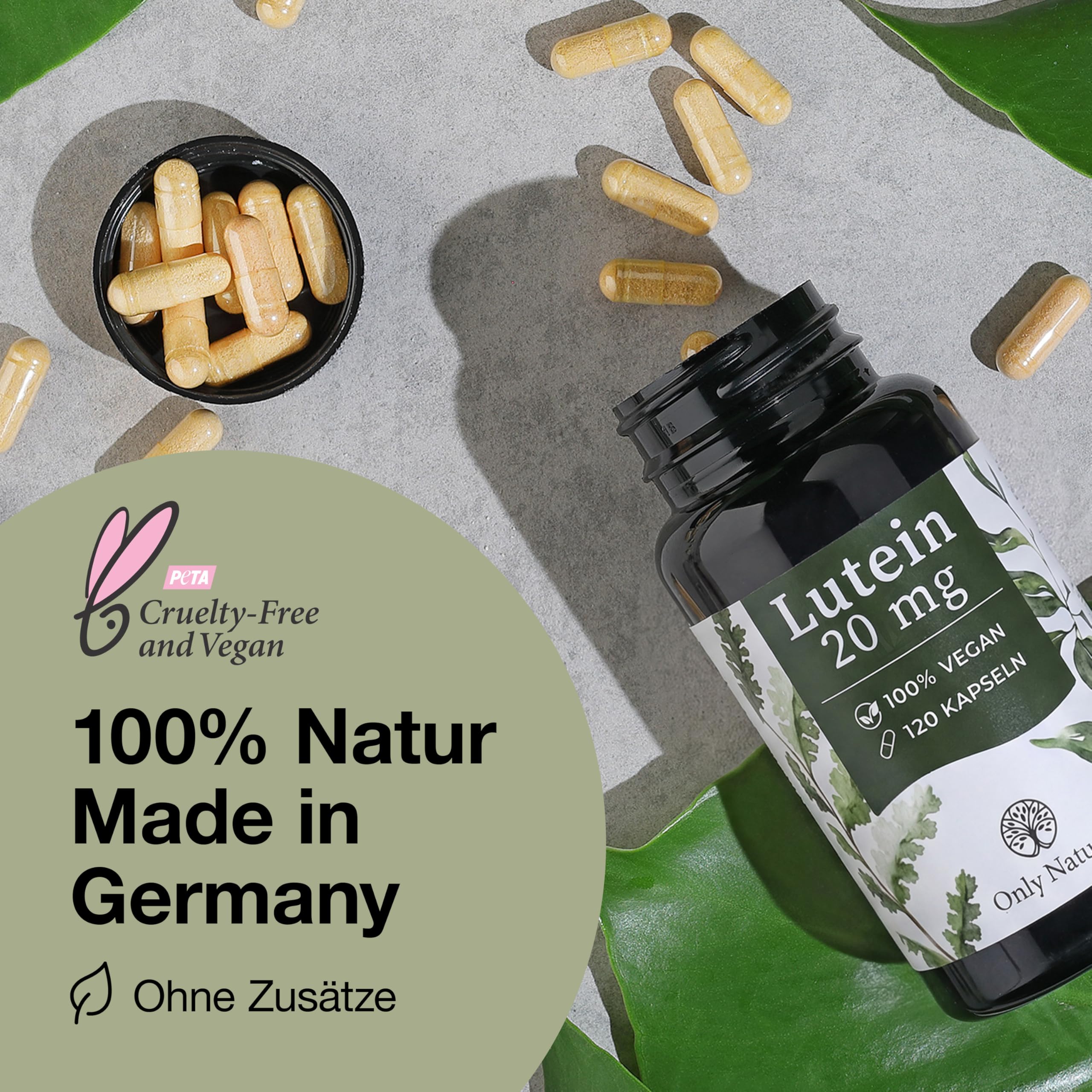 Only Nature® Lutein 20mg (mit 4 mg Zeaxanthin) - 120 Kapseln - Extra hochdosiert - in Deutschland produziert & laborgeprüfte Augenkapseln - 100% Vegan - Lutein hochdosiert