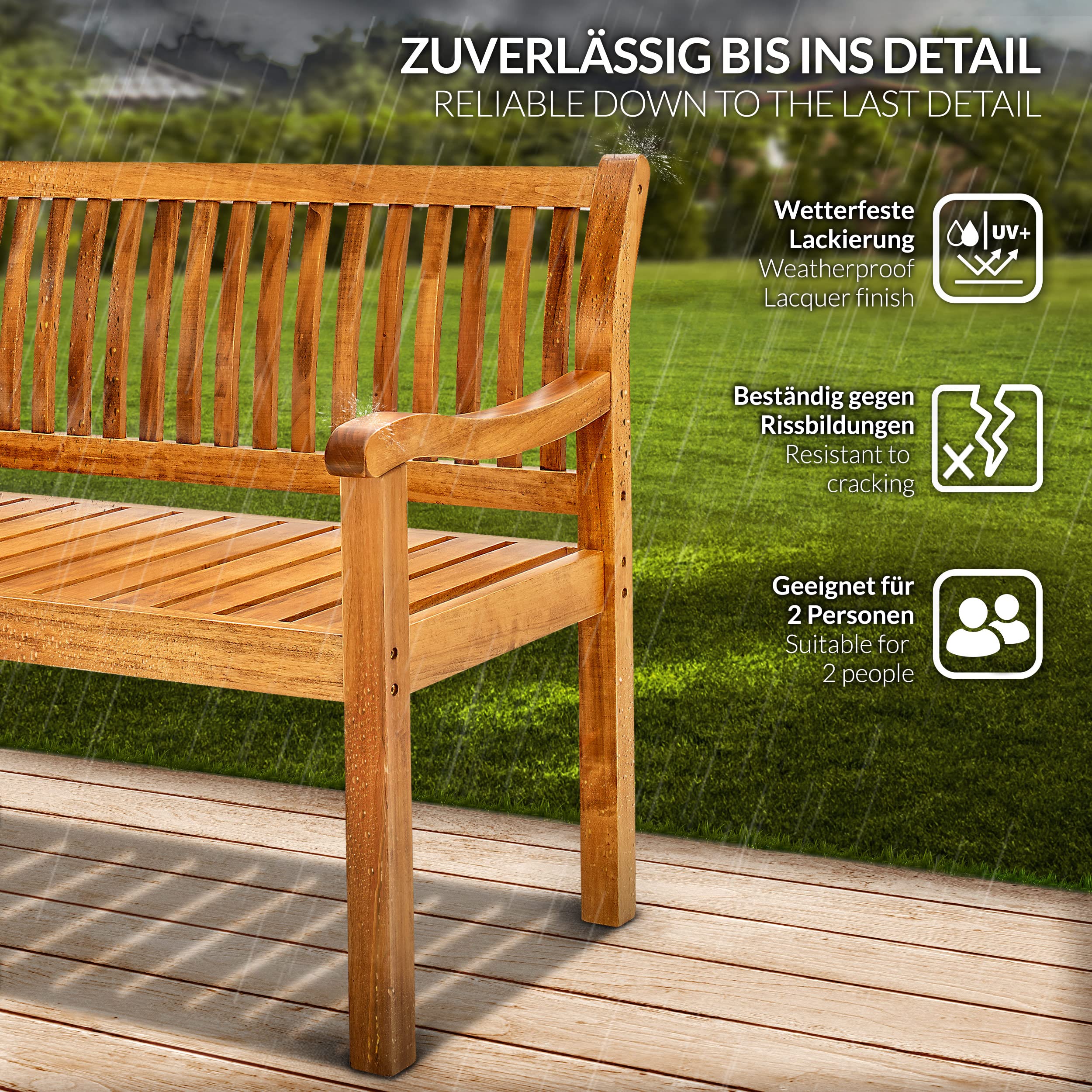tillvex Gartenbank Holz 2-3 Sitzer inkl. Abdeckung wetterfest 125 cm | Parkbank Massivholz | Balkonbank Sitzbank 320 kg belastbar | Holzbank Gartenmöbel für Balkon, Terrasse & Garten