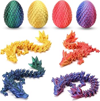 4PCS 3D Printed Dragon Eggs, 3D Printer Articulated Crystal Dragon Toys for Kids, Cool Dinosaur Eggs Fidget Toys for Teens, Stocking Stuffers for Kids, Easter Christmas Birthday Gifts for Boys Girls