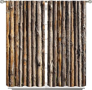 Rustic Wooden Barn Door Curtains - Room Darkening Wide Panels With Old Wood Texture, Fence and Trunks Design - 42x63 Inch (107x160cm)