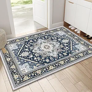 OPPODREAM Soft Throw Rugs 2x3, Small Washable Entryway Rugs 2 x 3 with Non Slip Backing, Low-Pile Faux Cashmere 2 x 3 Carpet, Navy Blue & Gold