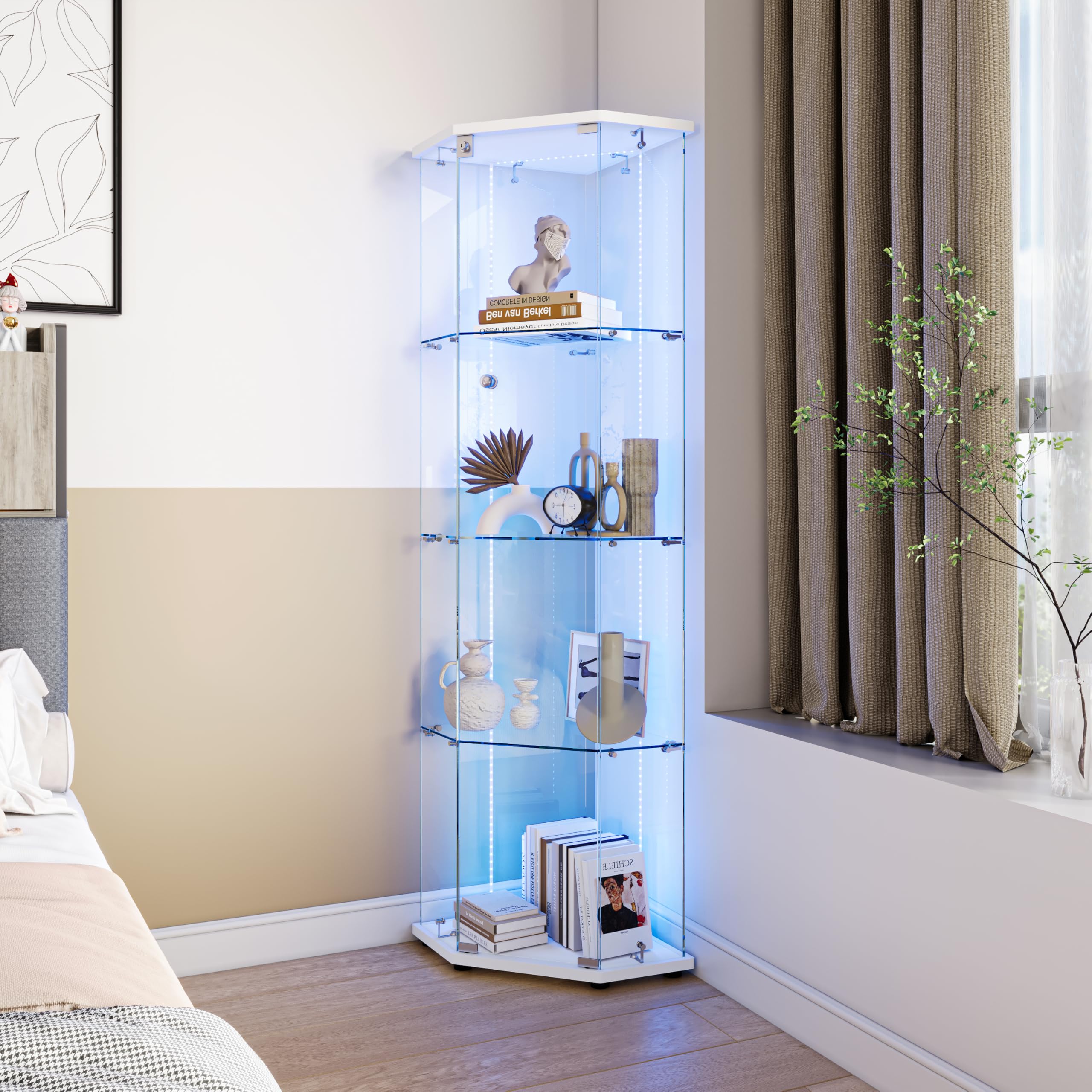 BRILVERDE Witryna szklana LED, szafka z 4 półkami i drzwiami z zamkiem, witryna do kolekcji, książek, modeli, butelek, salonu i biura (biały, narożny, 1 Tür 4 Lagen)