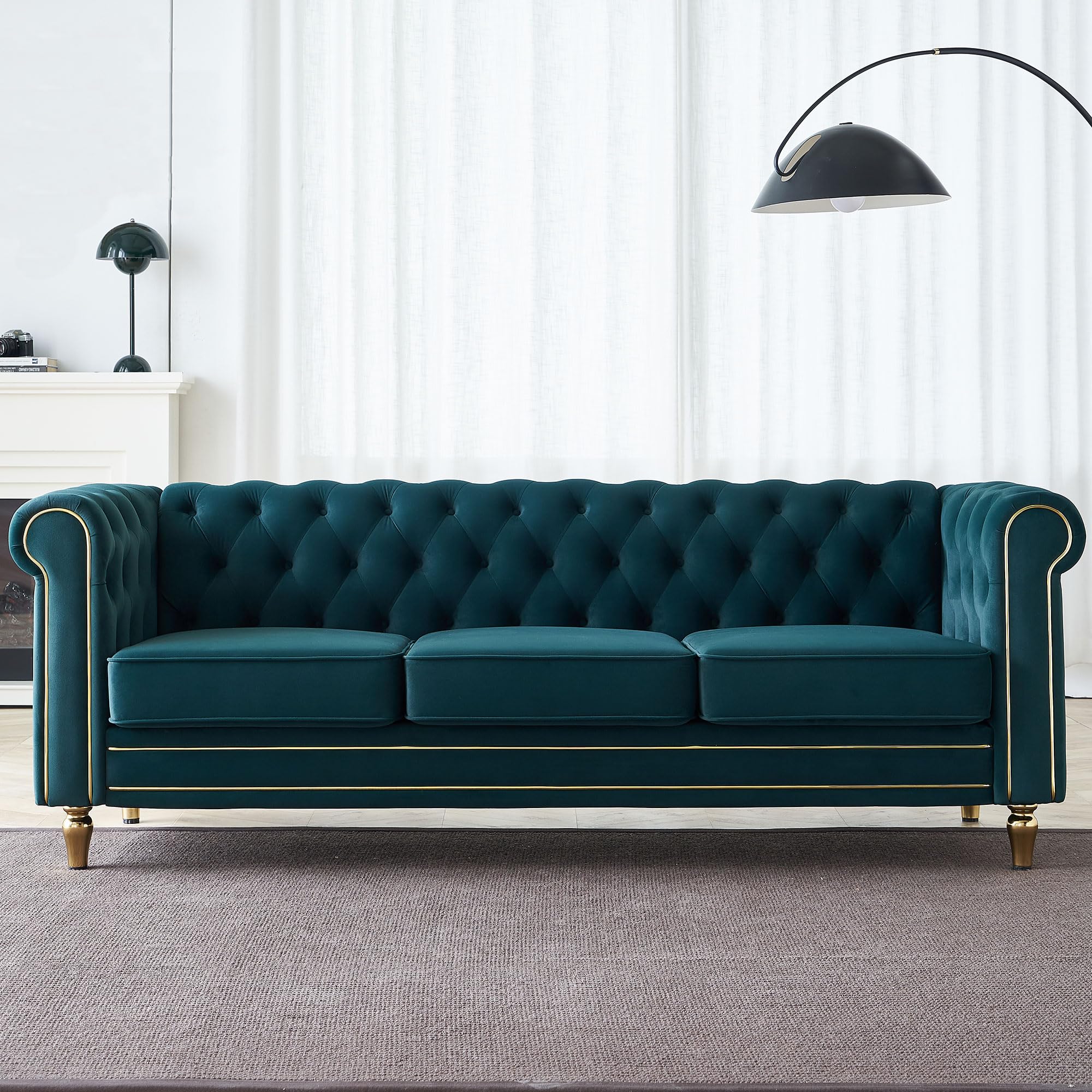 KEIKI 85" Chesterfield Velvet Tufted Button Sofa with Deep Seat Cushions and Rolled Arms, Modern Style 3-Seater Couch Decorated with Gold Strip, Easy Assembly, for Living Room, Bedroom, Office, Green