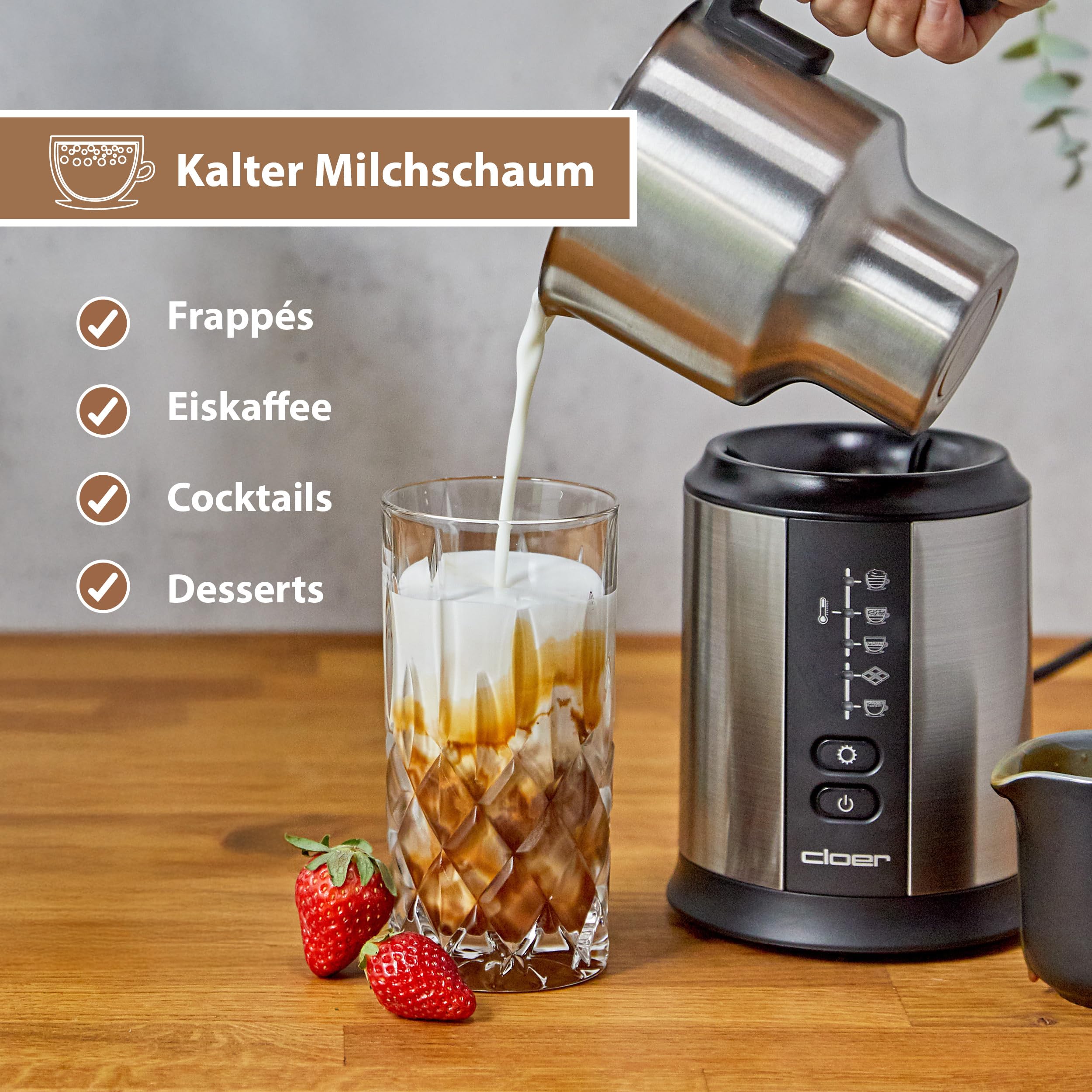 Cloer 7789 Mousseur à lait à induction XL800, mousse de lait 600 ml, chocolat chaud 500 ml, récipient 800 ml, commande électronique, 500 W, bobine de mousse magnétique, verseuse en acier inoxydable
