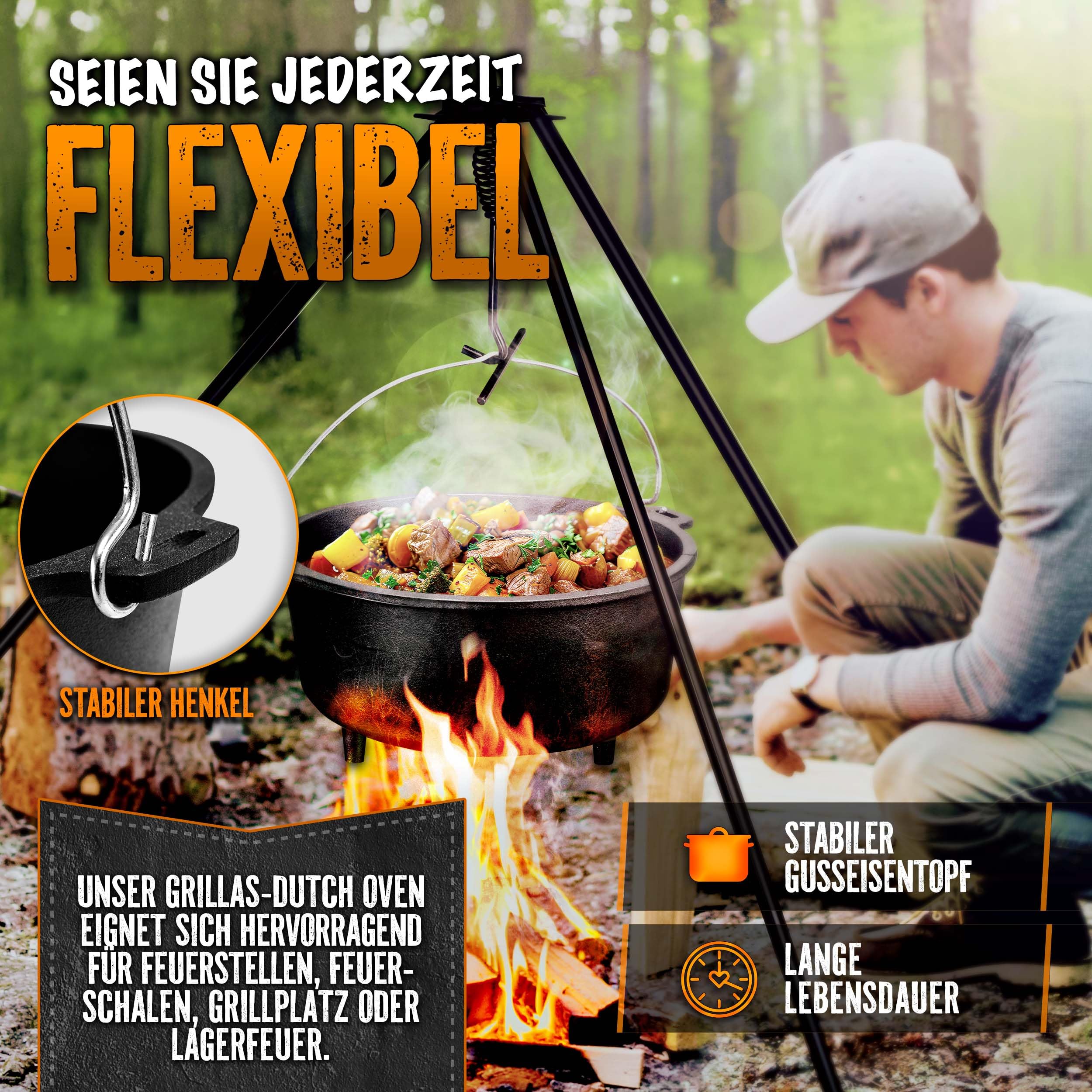 grillas Dutch Oven Set inkl. Rezeptideen | bereits eingebrannt - preseasoned | Feuertopf Gusseisen I Bräter mit Deckelheber und Henkel (Topf mit Füße, 4,2 Liter / 4,5 QT)