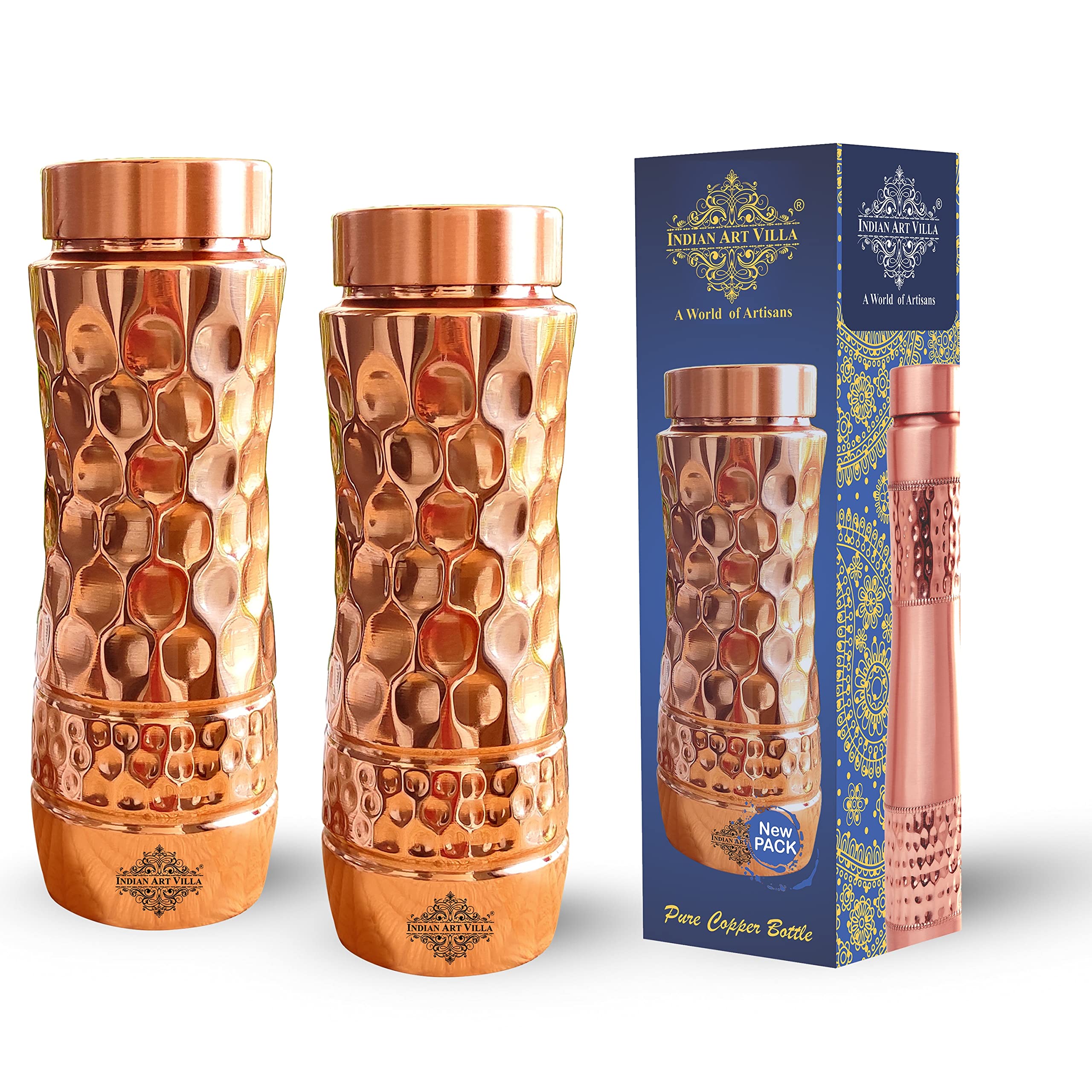 Indian Art Villa Pure Copper Shine Finish Honeycomb with Hammered Bottom Champion Bottle Drinkware Ayurveda Yoga Volume- 25