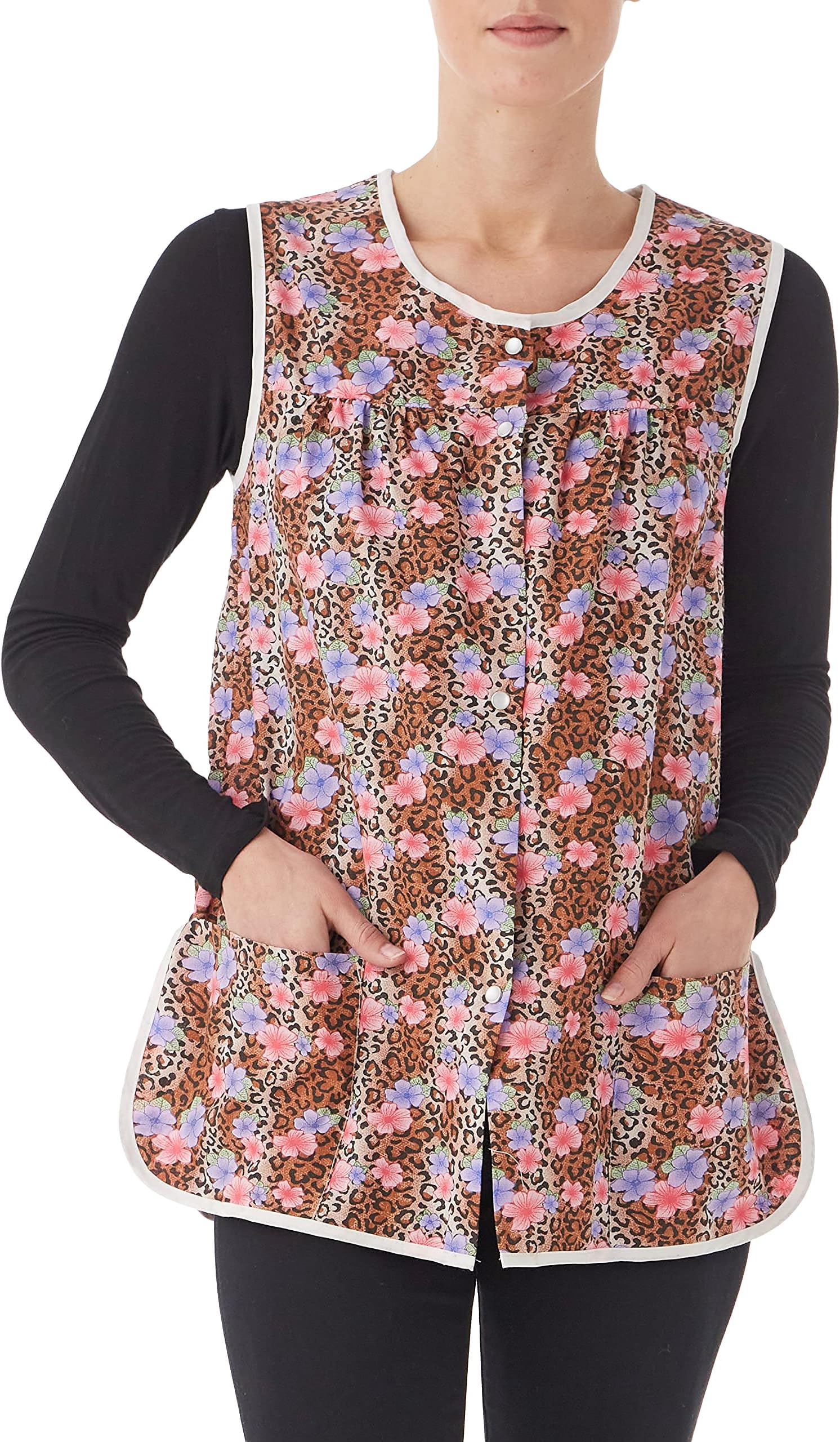 AmeriMark Easy-Care Snap Front Cobbler Aprons Vest with Two Patch Pockets Animal Print 1X