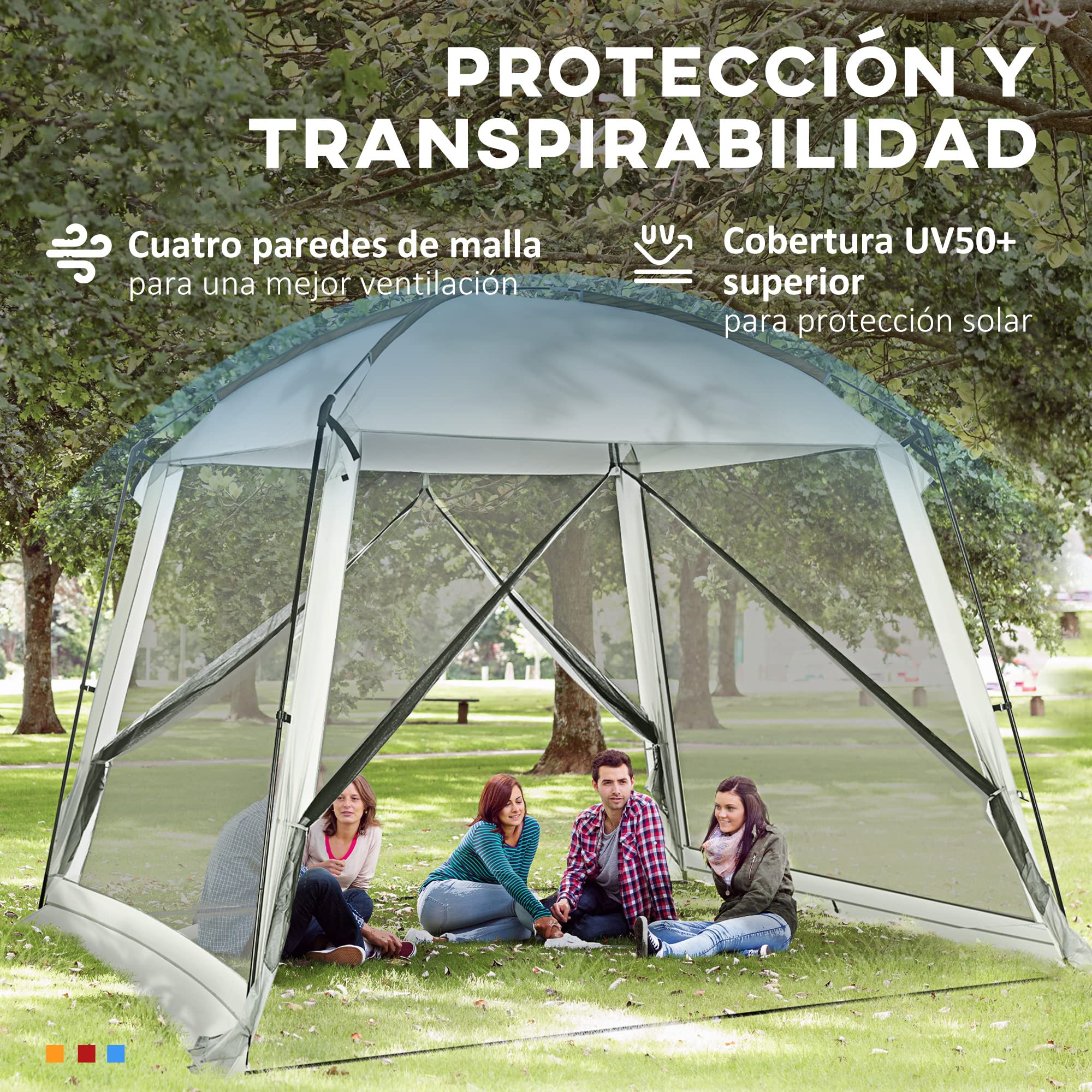Outsunny Carpa de Jardín 3x3 m para 6-8 Personas con 4 Mosquiteras Blanco | Cenador, 2 Puertas, Protección UV50+, Bolsa de Transporte, Carpa para Camping Terraza Patio Exterior