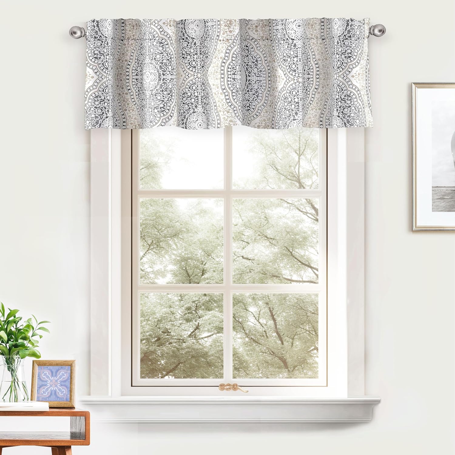 DriftAway Adrianne Damask and Floral Pattern Window Curtain Valance 2 Pack 52 Inch by 14 Inch Plus 1.75 Inch Header Beige and Gray