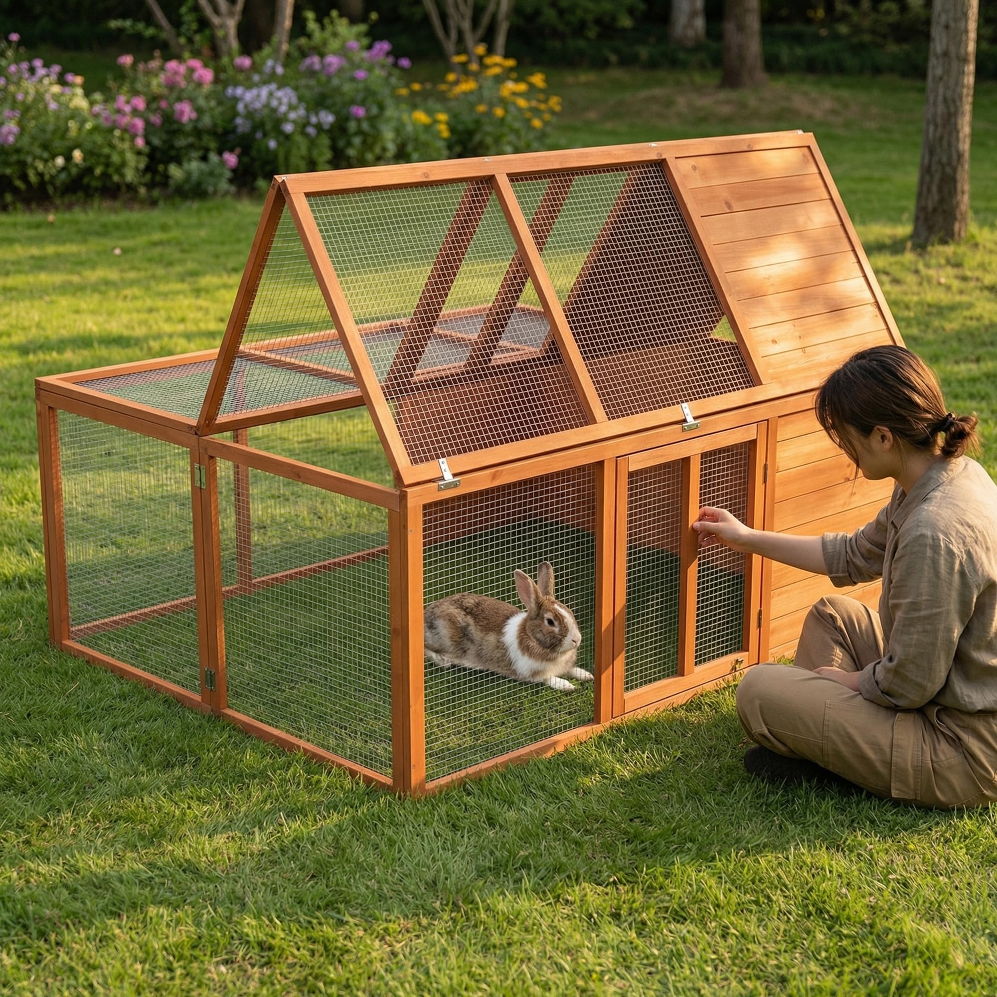 Mucola Freilaufgehege klappbar Kleintierstall draußen Outdoor Hasenstall 160x119x60cm Freigehege aus Holz mit Gitter Ausbruchsperre Freilauf