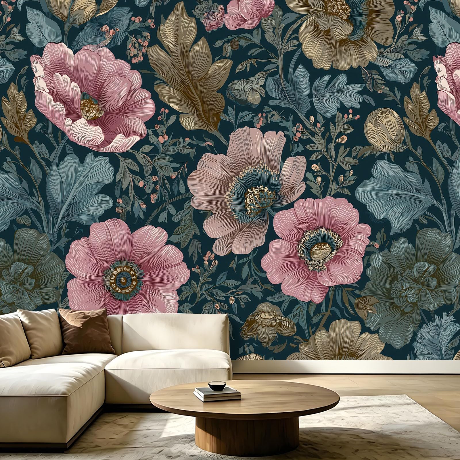 Panoramiczna tapeta w stylu retro barokowym, 350 x 256 cm, tapeta dekoracyjna do salonu i sypialni, efekt 3D, kwiaty, dzikie kwiaty, rośliny gałęzie liści