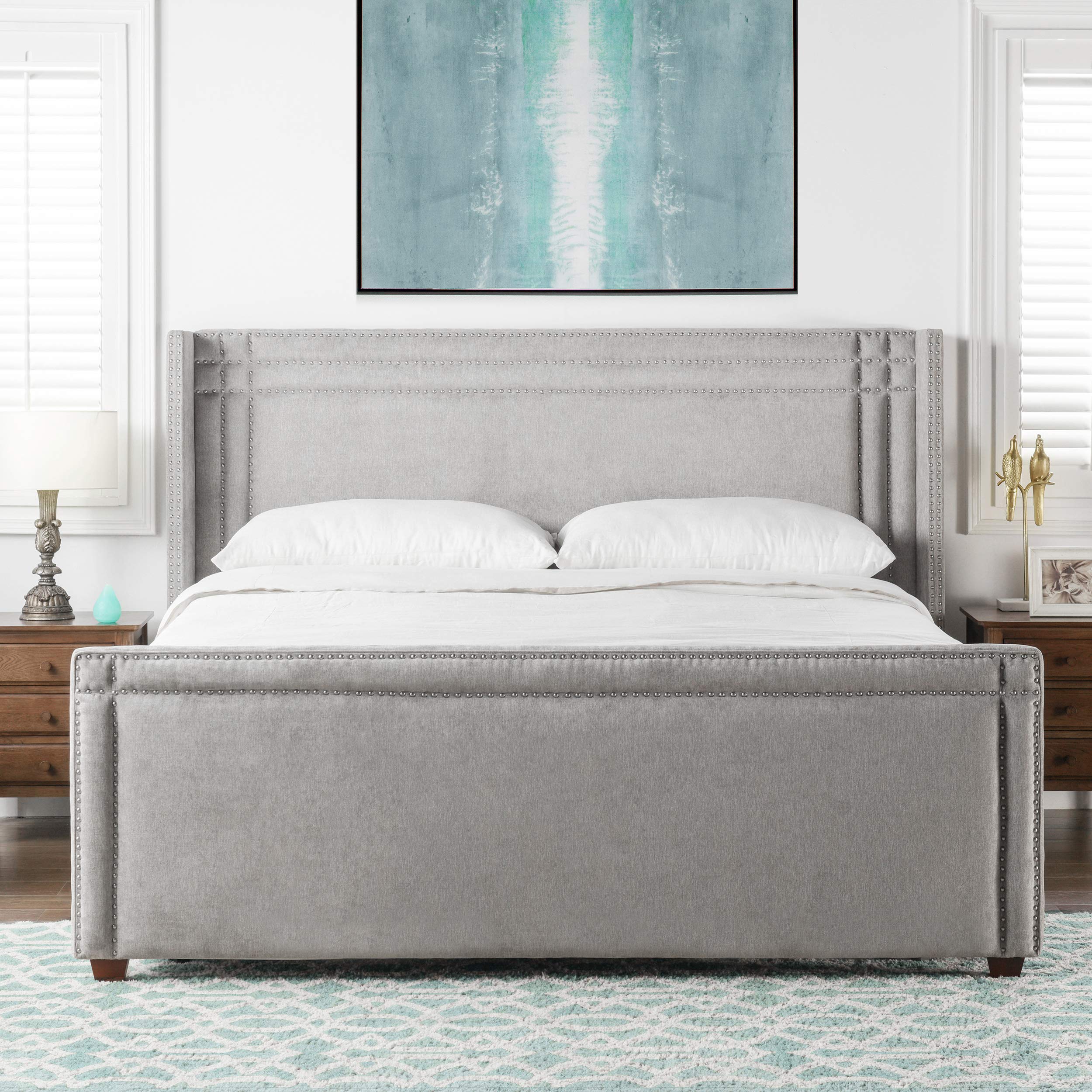 Jennifer Taylor Home Elle Collection Modern Upholstered King Size Size Bed Frame, Nailhead Trim, Sil