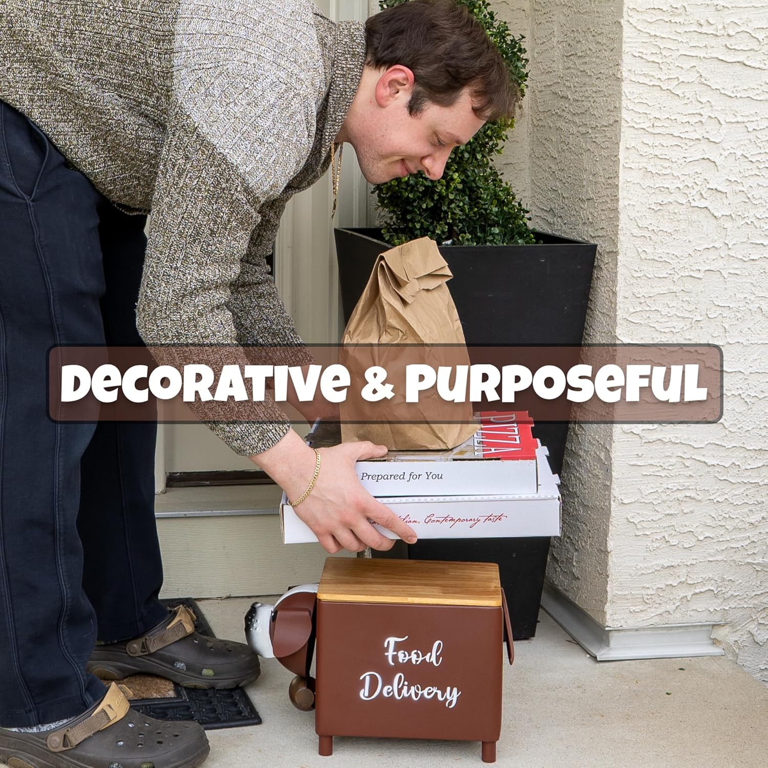 Made Easy Kit Elevated “Food Delivery” Drop Box – with Signage for Driver Clarity – Metal and Wood Stand for Takeout Orders – As Seen on the News – Outdoor Door & Porch Decor with Storage (Brown Dog)