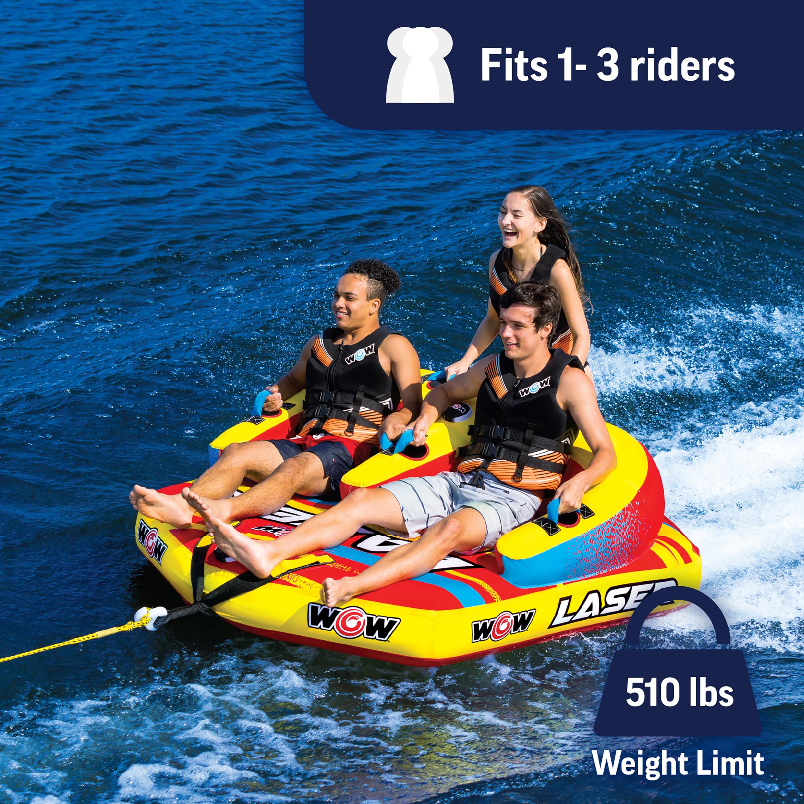 WOW Sports Laser Towable Tube for Boating - 1 to 3 Person Towable - Durable Tubes for Boating