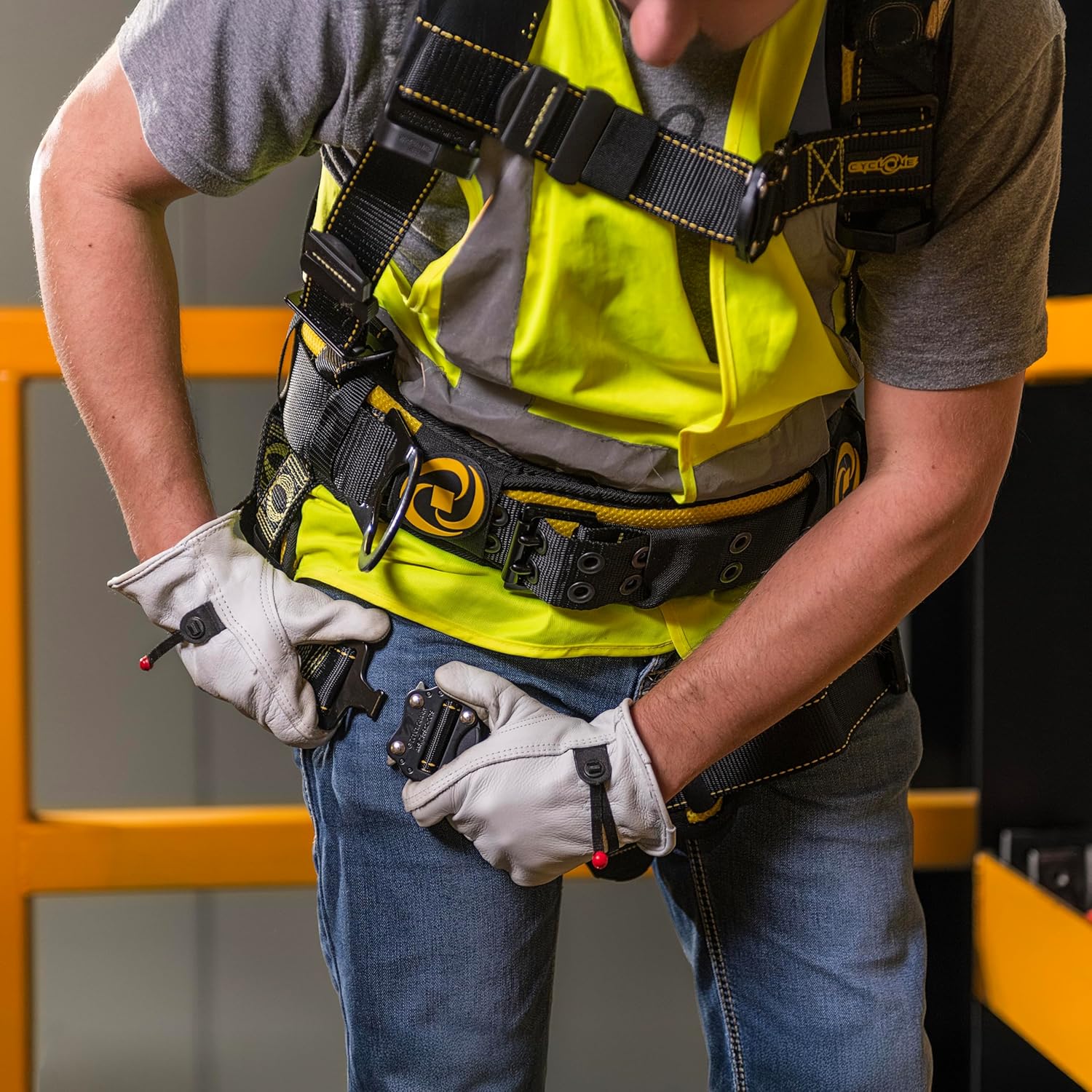 Guardian 21035 Cyclone Construction Harness with Waist Pad | Side D-Rings | Quick Connect Leg | OSHA & ANSI Compliant | Black/Yellow | XL