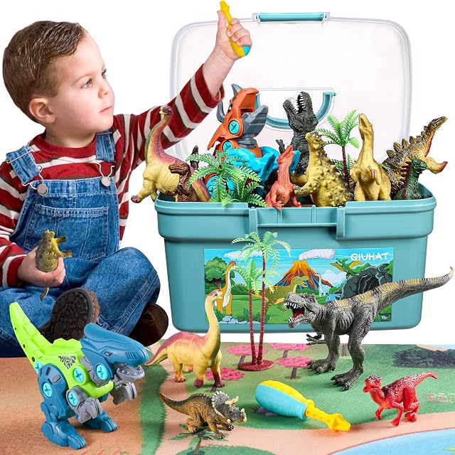 GIUHAT Figuras Dino, Dinos para Montar, Alfombra de Juego&Caja Organizadora