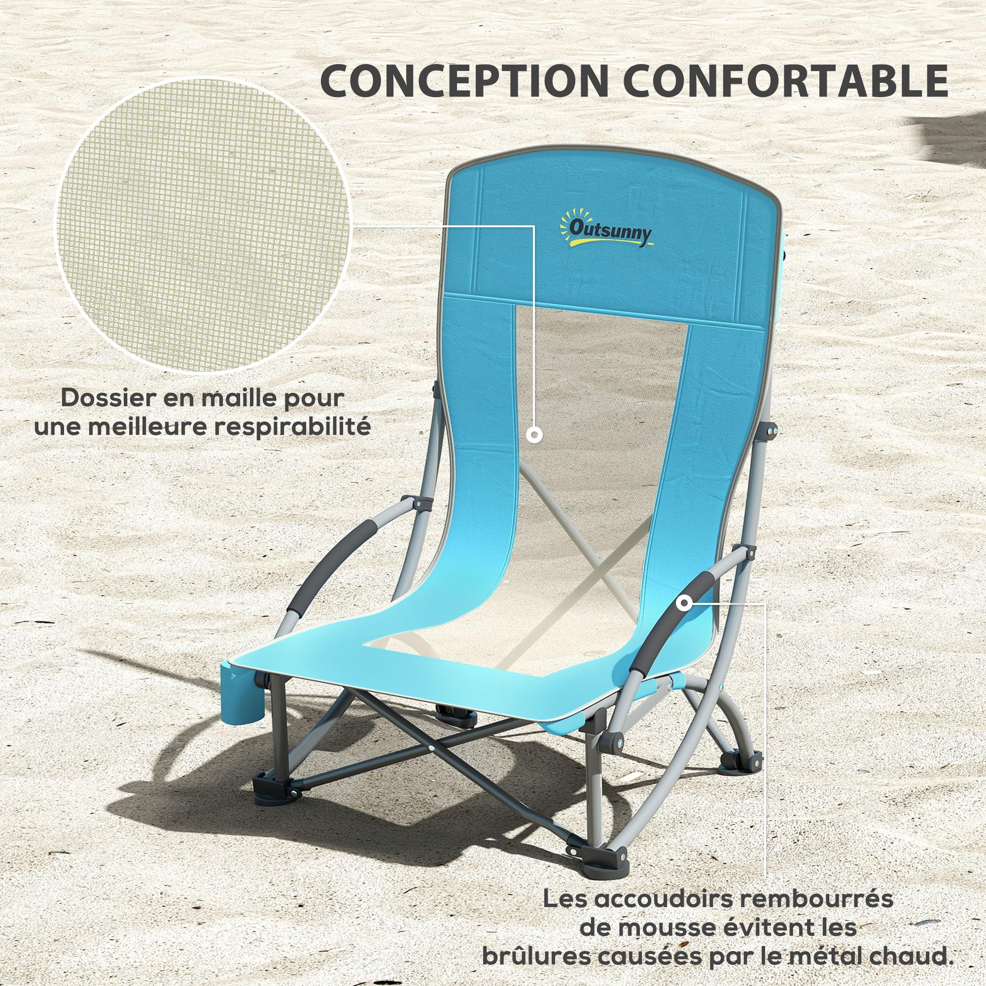 Outsunny Lot de 2 Chaises de Plage Pliable Chaises Camping Bleu | Légère 2,7 kg, Dossier en Maille, Sac de Transport, Porte-Gobelet, Jardin, Pique-Nique, Festival, Voyage