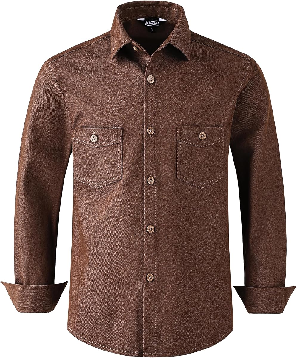 JOGAL Boys Stretch Denim Button Down Shirts Long Sleeve with Pockets 6-14Y | Button Up, Dress Shirts, Layer as Shacket, Classic, Daily Casual, True to Size, Theme Party, School, Family Events, Everyday