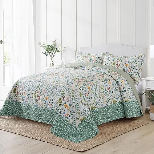 Vista 222 de NEWLAKE Juego de colcha de algodón, juego de colcha reversible de retazos, estampado real clásico turquesa, tamaño Queen Turquesa Clásico
