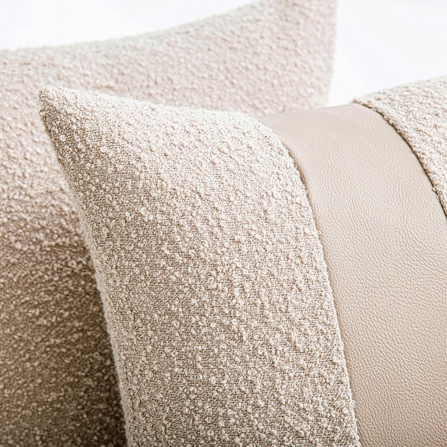 22"x22" Oatmeal Boucle Pillow Covers with Faux Leather Accents Set of 2 Fluffy Textured Decorative Throw Pillow Cases for Couch Bed Boho Farmhouse Square Cushion Covers for Home Décor