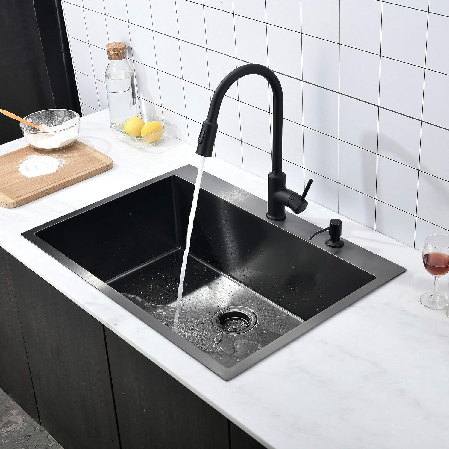 33″x22″x9″ Drop In Kitchen Sink Black, Top mount SUS304 Stainless Steel Gunmetal Black Sink 18 Gauge Single Bowl, Handmade Commercial Modern Workstation Prep Kitchen Sinks