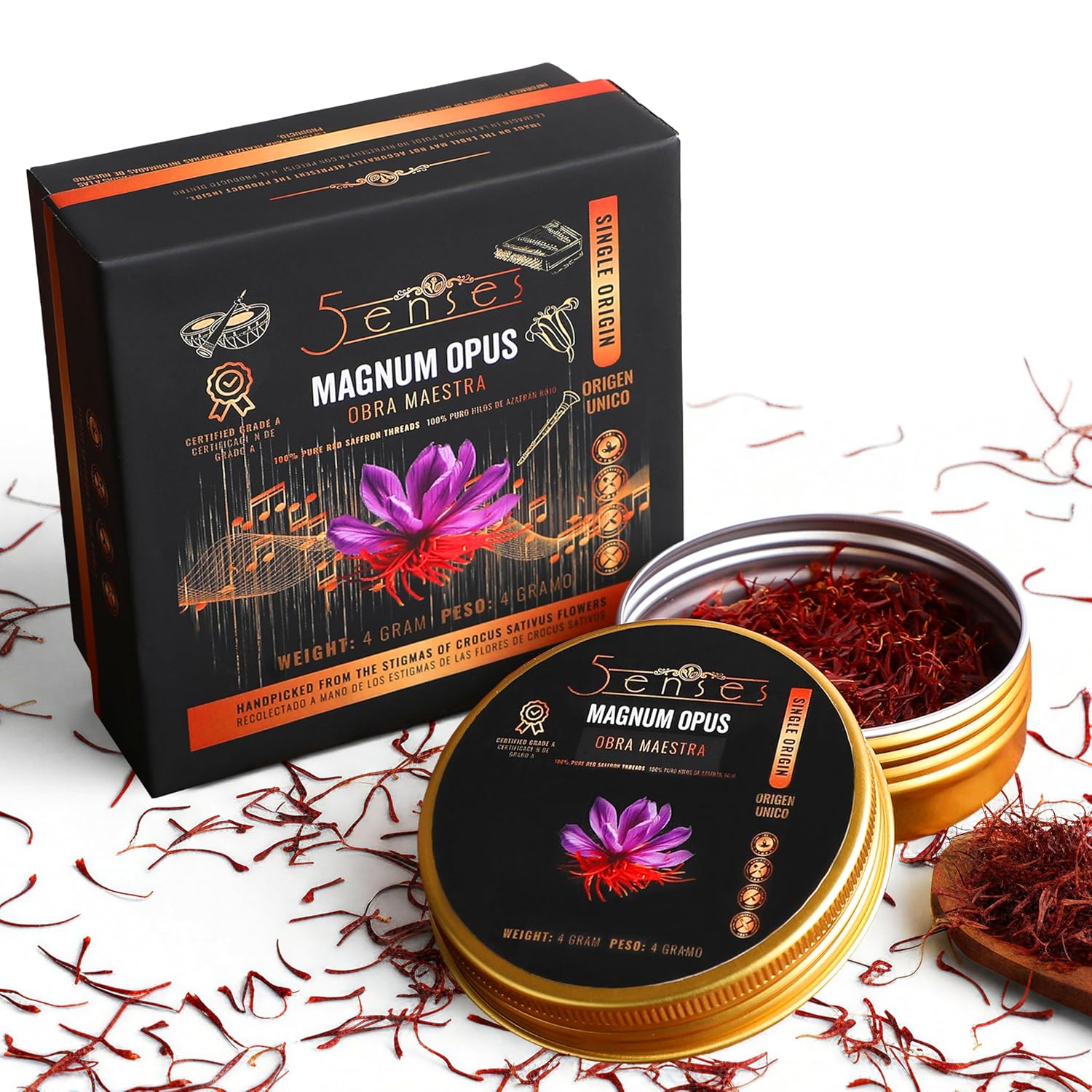 5Senses Kashmir Mongra Saffron | Azafran | Magnum Opus | Premium Grade A Saffron Threads | Whole Red Gold Spice | Single Origin, Non-GMO, Fairtrade, Gluten-Free, Vegan, Plastic Neutral ((0.14oz/4g))