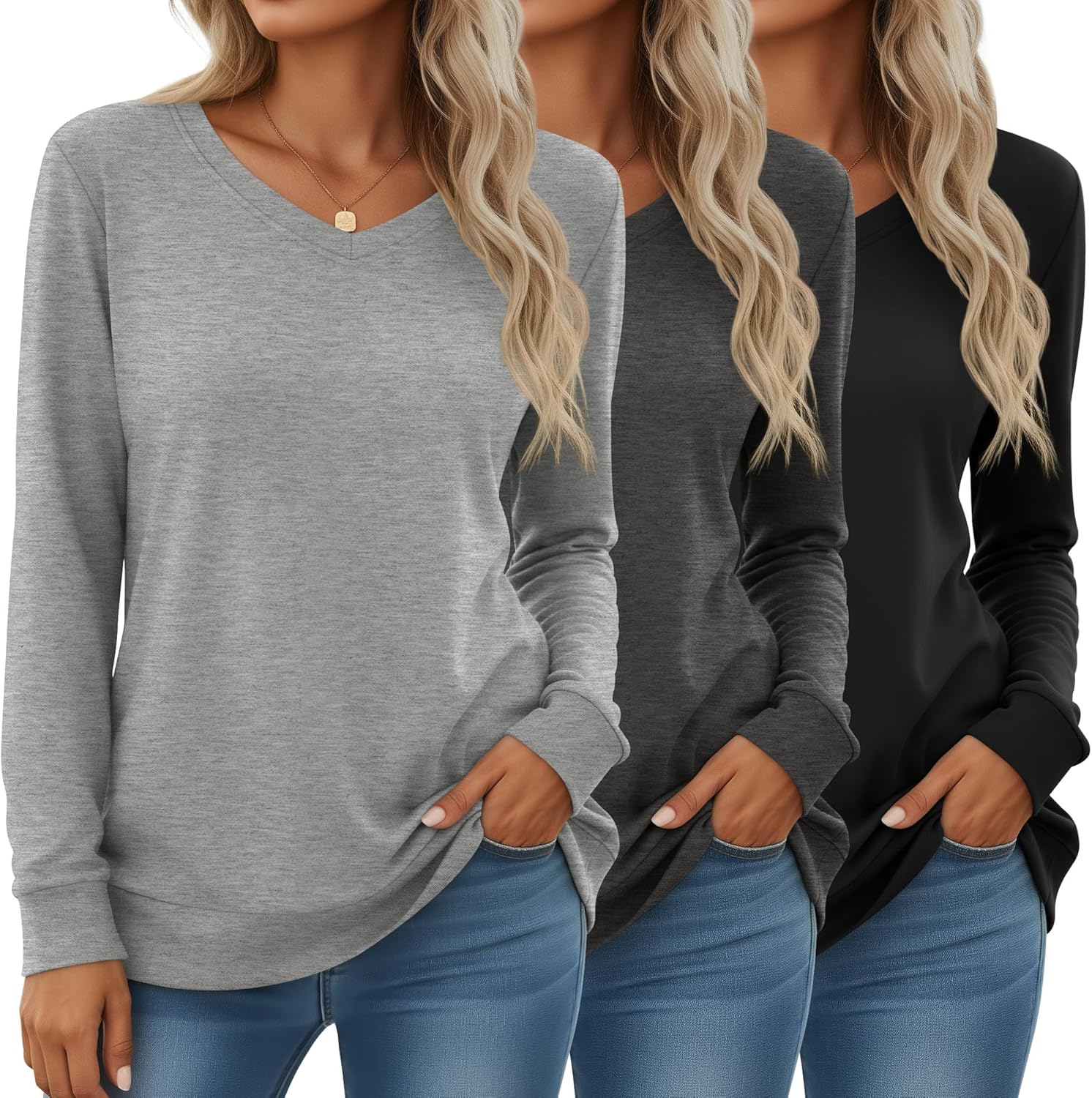 Velvelhall 3 Pack Women's Long Sleeve Sweatshirts Cotton V Neck Pullover Shirts Casual Loose Fit Soft Basic Tunic Tops