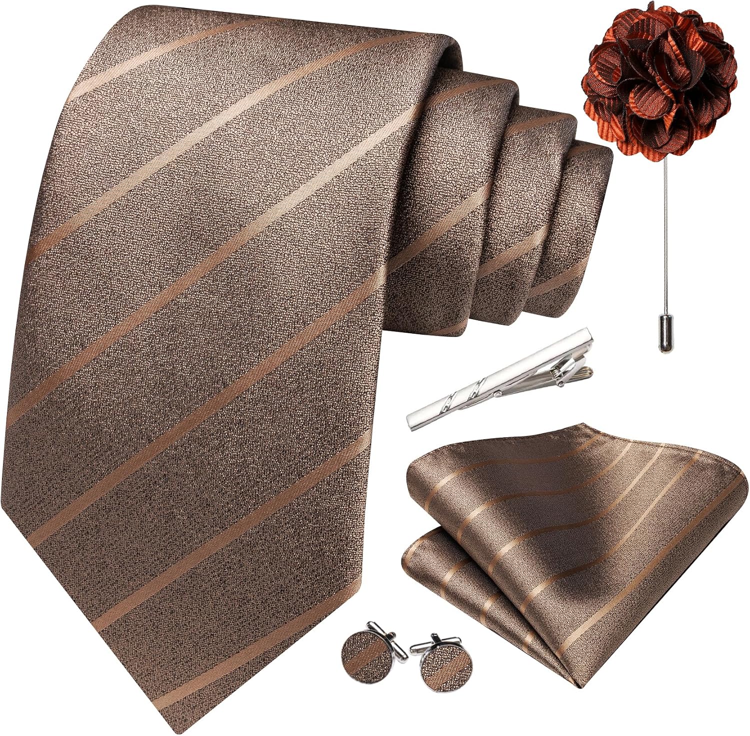 Barry.Wang Mens Tie Sets Lapel Pin Clip Striped Necktie Pocket Square Cufflinks Ties with Gift Box Wedding Business 5PCS