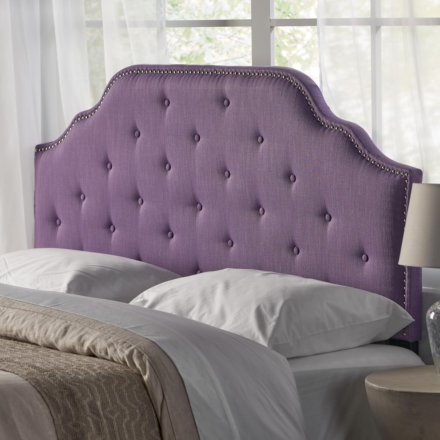 Light Purple Fabric Tufted Upholstered Headboard Queen Size, Solid Wood Head Board with Durable Metal Legs, Adjustable Height, Head Board, Bed Frame Headboards with Nailhead Trim Easy Install
