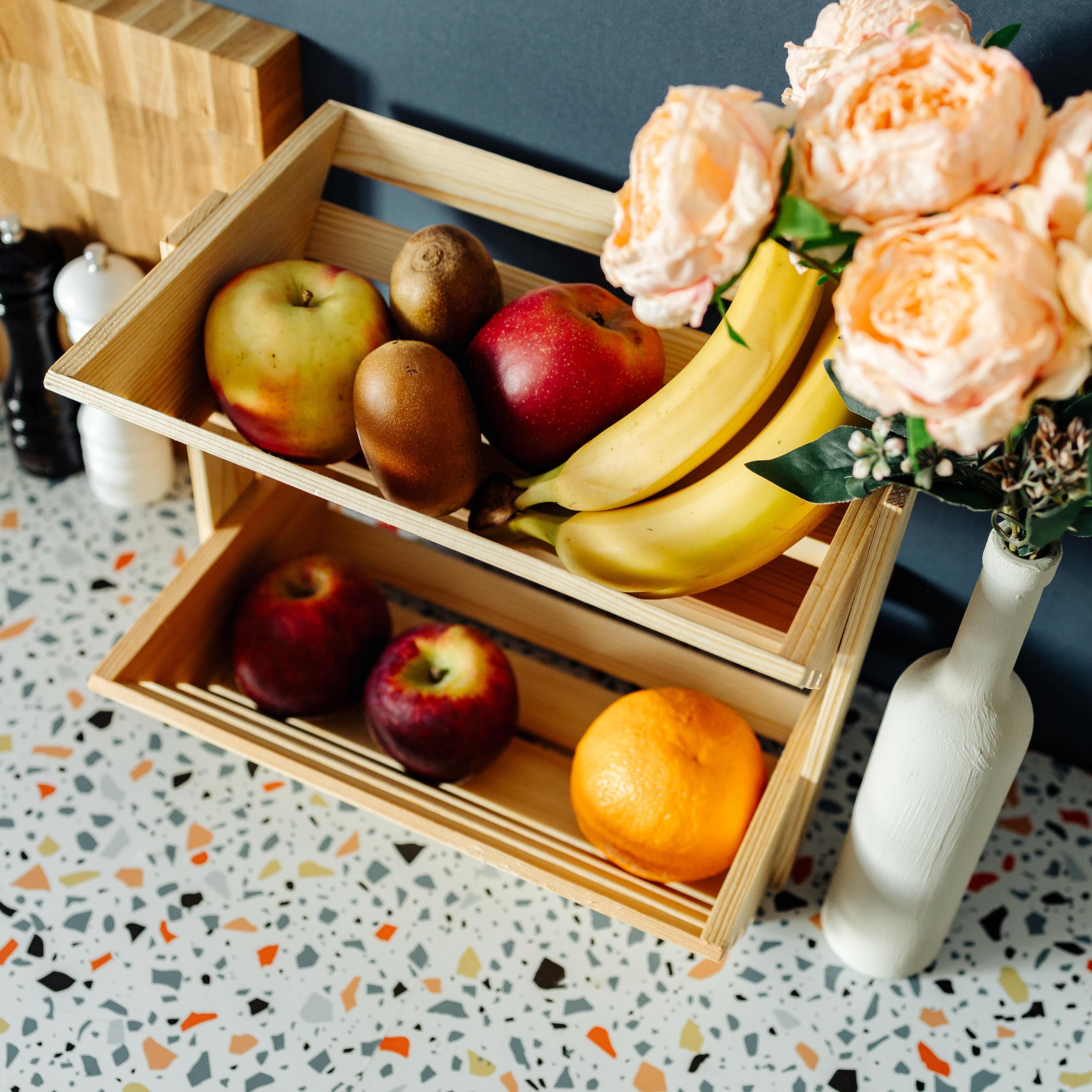 Creative Home Frutero Cesta de Frutas de Dos Niveles de Madera | 36x28x30 cm | Madera Aceitada | Soporte Universal Funcional para Almacenaje y Exhibición | Frutas Verduras Snacks | Cocina Comedor