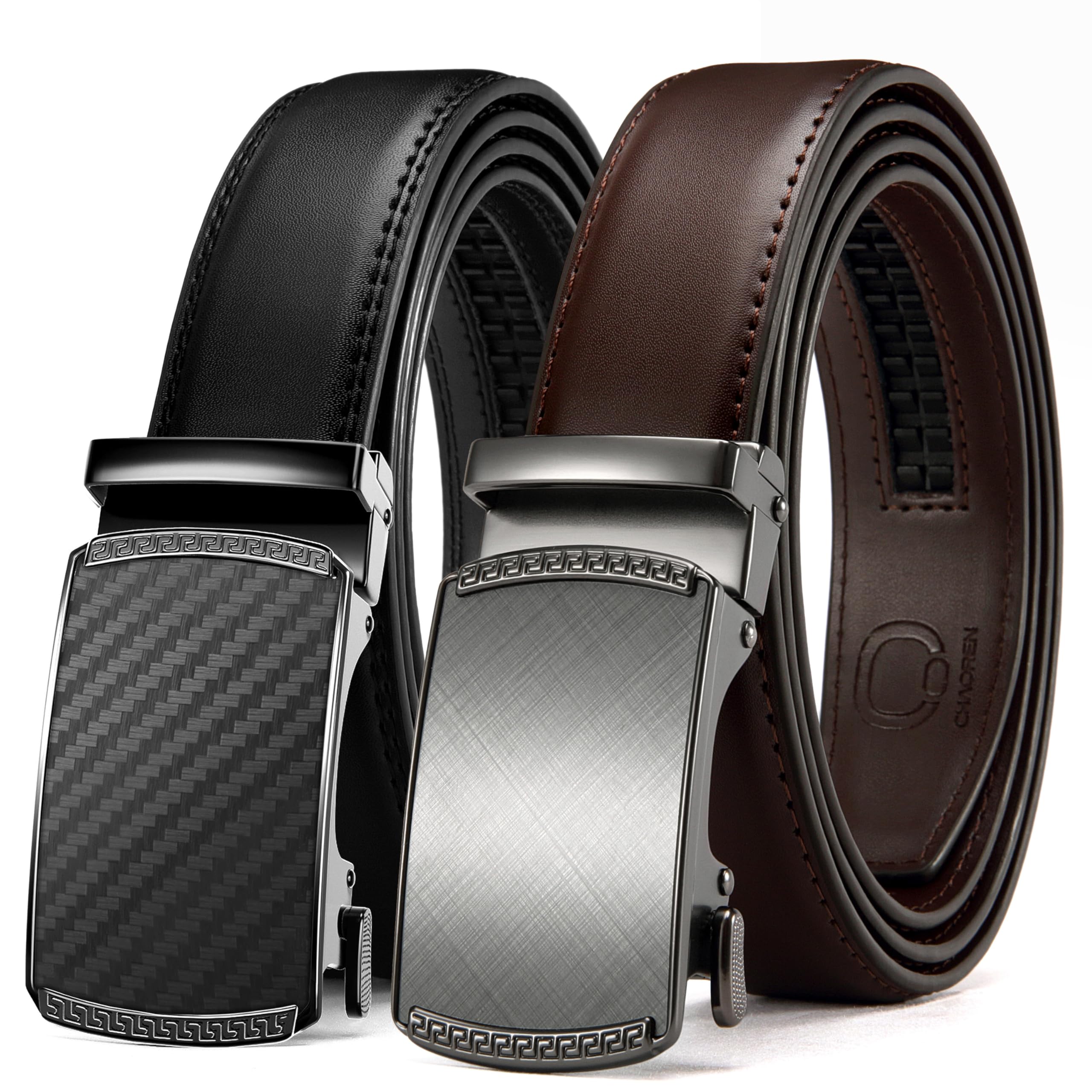 CHAOREN Lot de 2 ceintures habillées en cuir pour homme – Ceinture à cliquet pour chemise et pantalon pour toutes les occasions (32 mm), Noir anthracite / marron foncé, 36/42W