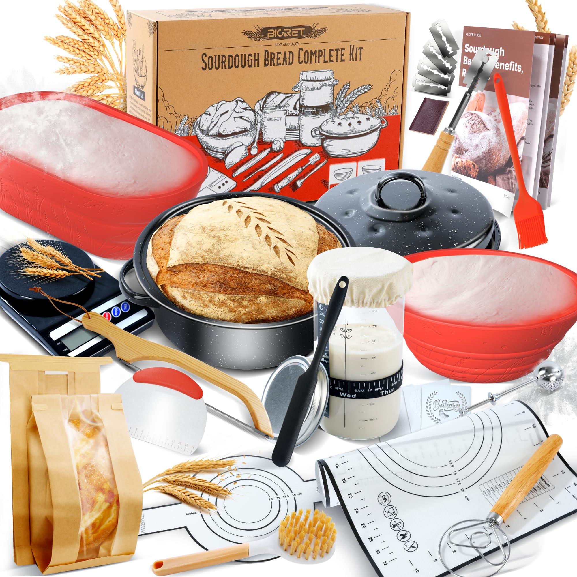 Masa fermentada, pan, horneado con olla de esmalte de alta calidad y cesta de arroz, pan, naturaleza, pan de centeno, cesta de arroz, set redondo, juego de bandejas de mano, adecuado para panaderos