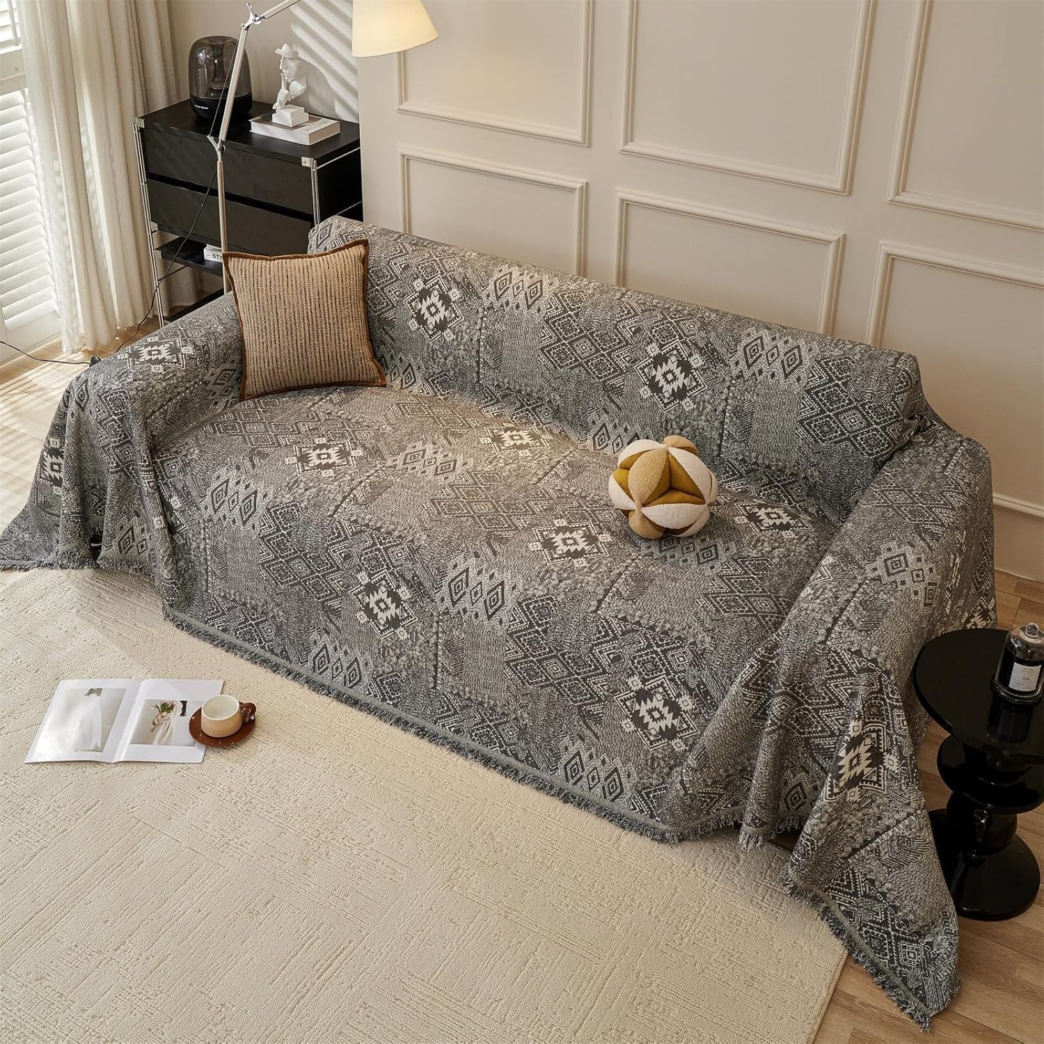 PEIHUODAN Bohemian Sofa Throws Large 1/2/3/4 Seater, Summer Blanket Throws for Settees, Cotton Non Slip Small Sofa Protective Cover, King Size Blankets for Beds (Dark Gray,180x420cm)