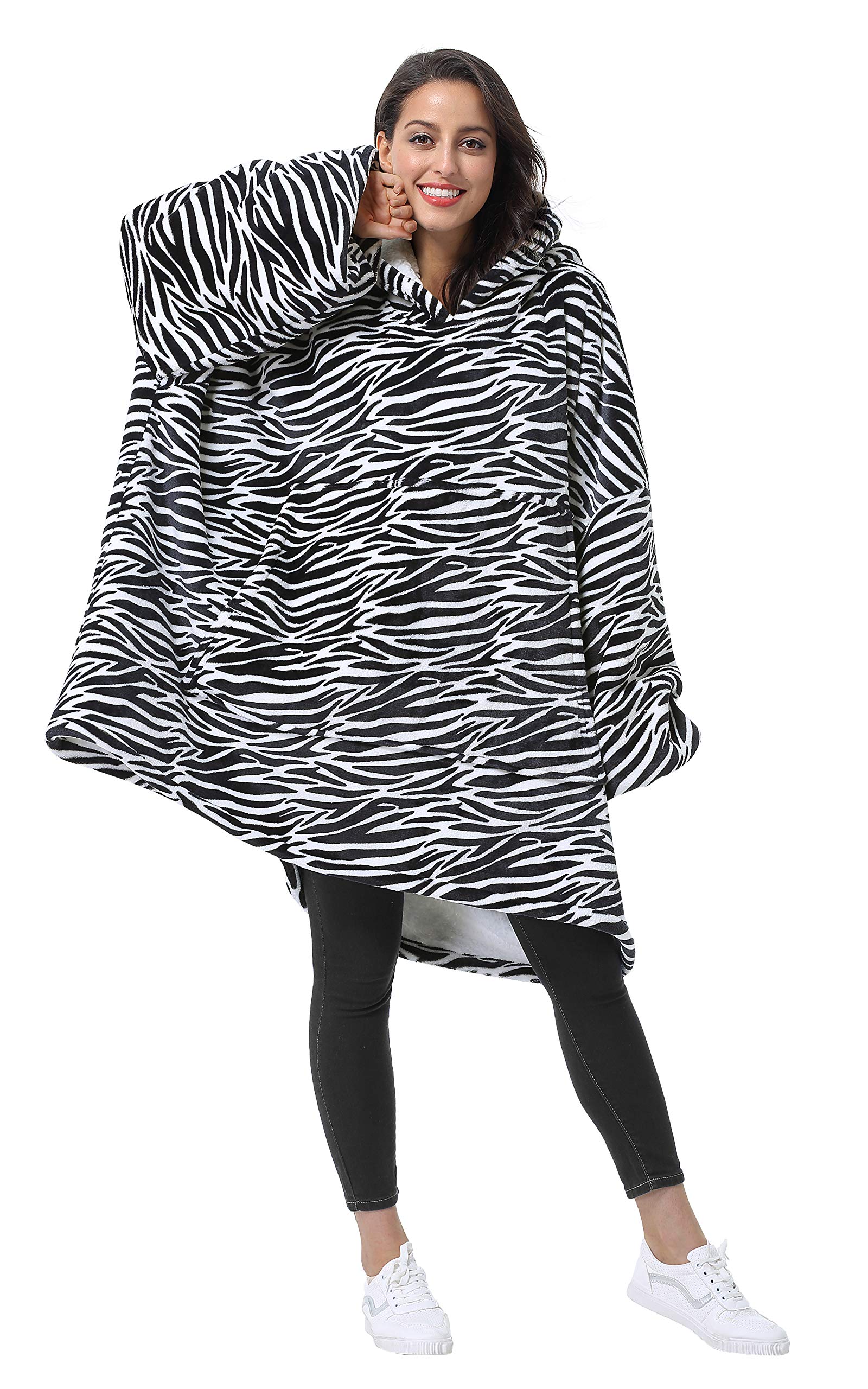 Zebra Printed Oversized Hoodie Wearable Blanket Sweatshirt Comfortable Sherpa Giant Hoodies