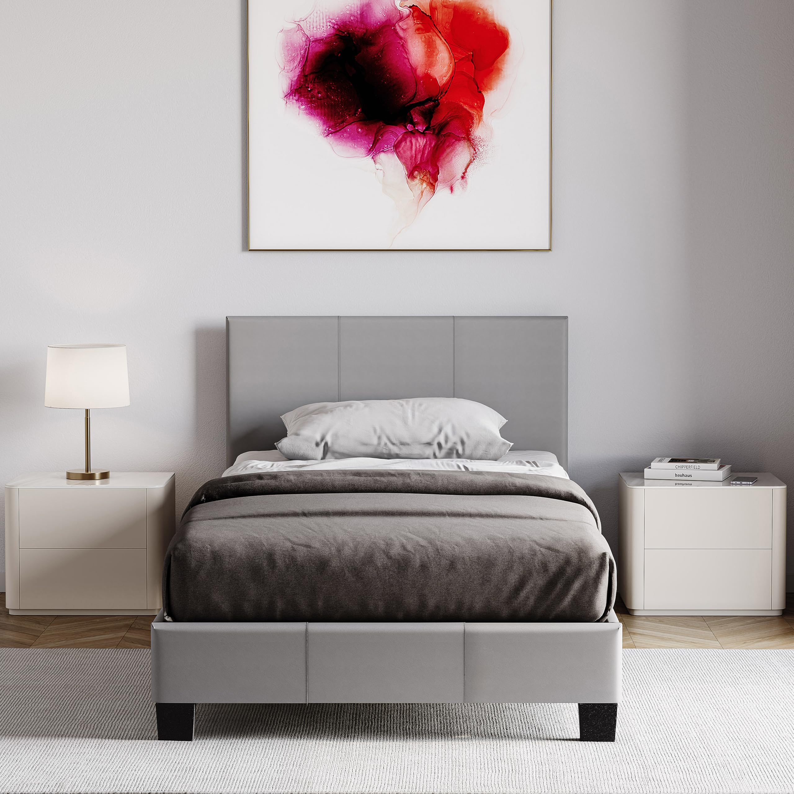 Vida Designs Lisbon Single Faux Leather Bed, Grey & Gel Memory Foam Pocket Spring Mattress, Single