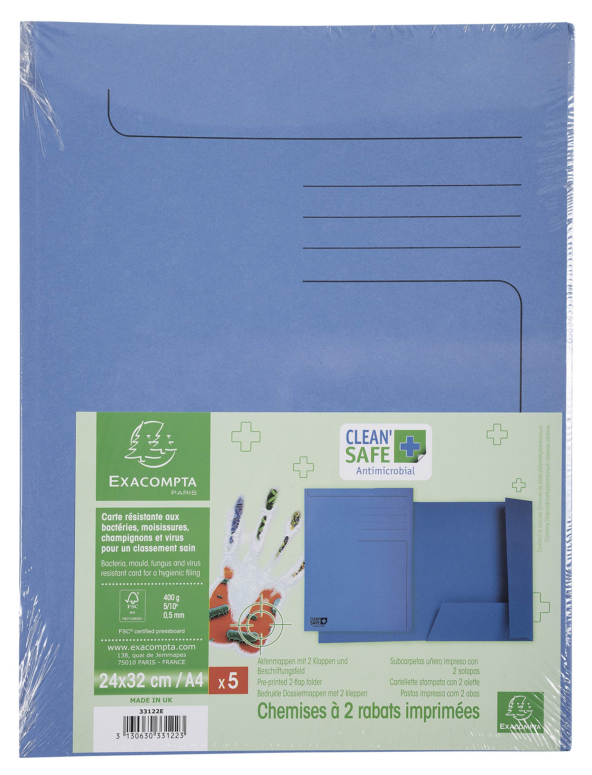 Exacompta - Ref 33122E - Clean'Safe 2-Flap Folders - Suitable for A4 Documents, 400gsm FSC-Certified Pressboard, Treated With an Antimicrobial Additive - Blue (Pack of 5)