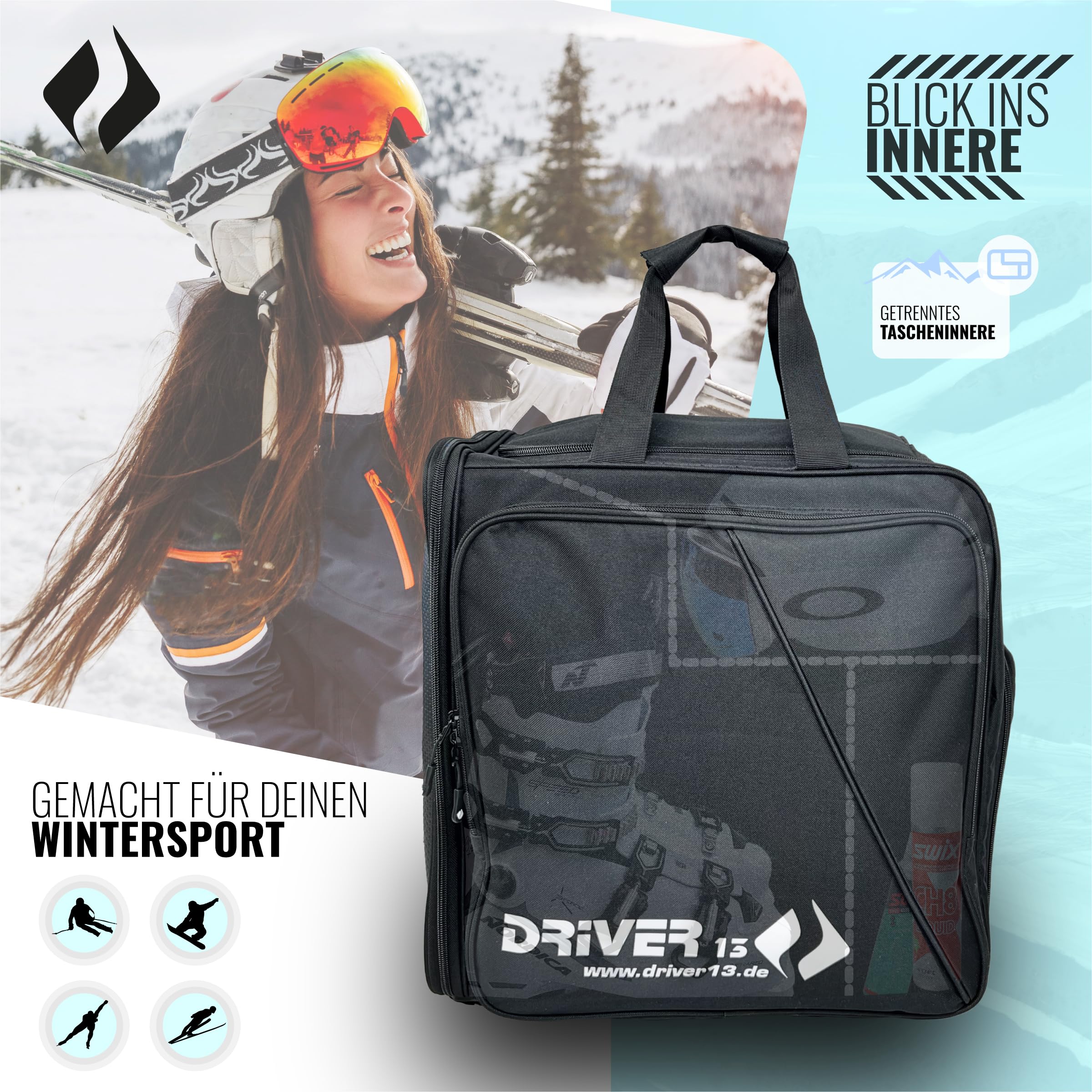 Driver13 Skistiefelrucksack mit Helmfach, Bootbag Rucksack für Skischuhe und Snowboardboots (Varianten)