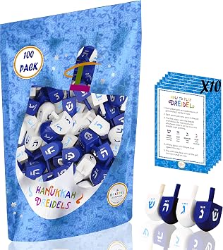 The Dreidel Company 100 Solid Blue & White Hand Painted Wooden Hanukkah Dreidels with English Transliteration - Includes Detailed 3 Game Instruction Cards- 100-Pack