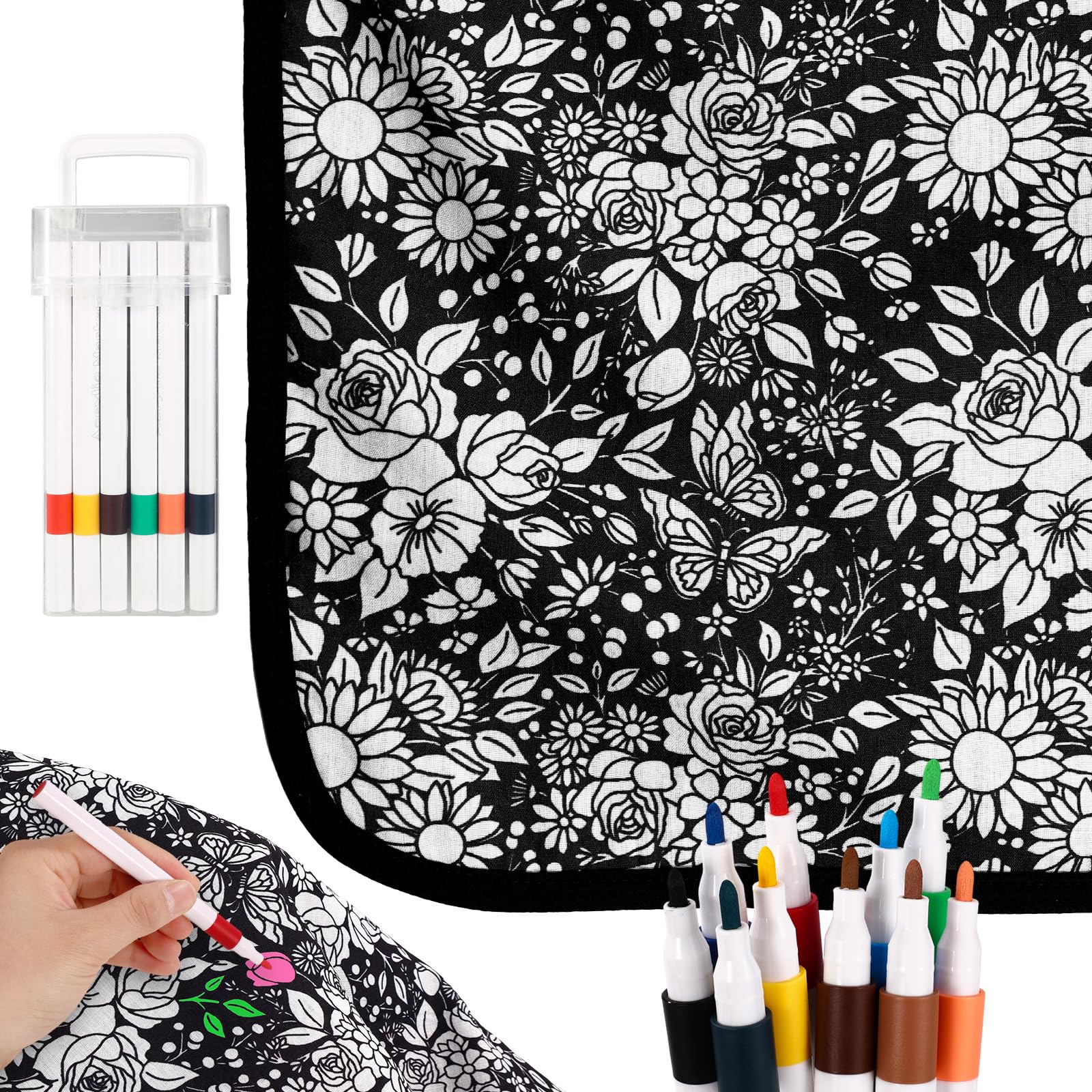 Couverture à Colorier Soi-Même avec 24 Feutres, Coloriez Vos Propres Couvertures Créatives Kits de Couvertures à Colorier Amusantes pour Adultes Activité Artistique Décoration Intérieure (Fleur)